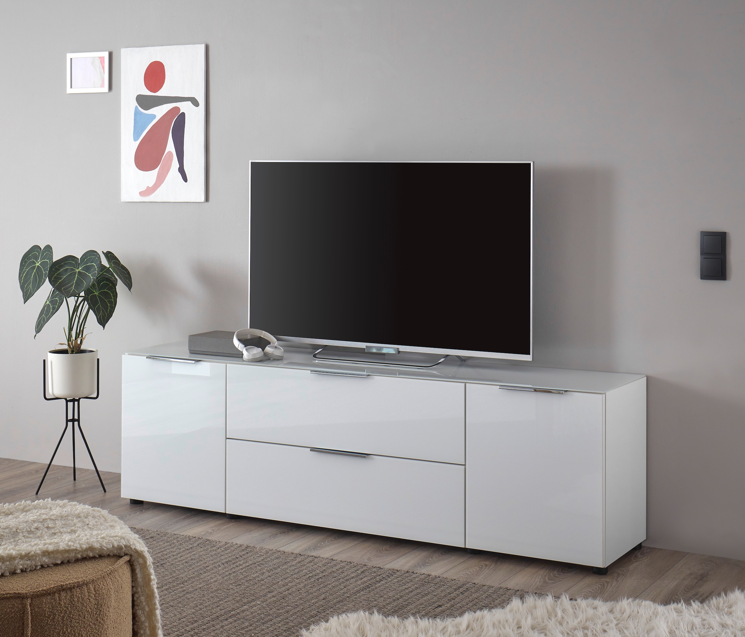 HBZ Lowboard "Santorin TV Möbel bis 65 Zoll, Stellmaß BxHxT 180x55x40 cm", (1 St.), Mit 2 Türen mit Softclose, 1 Schubka