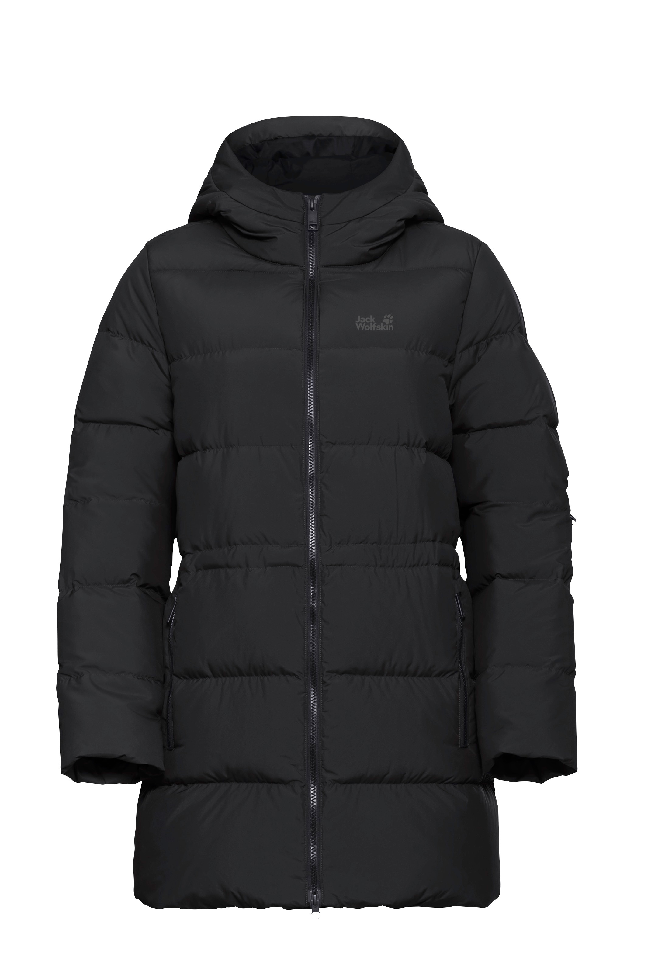 Daunenmantel JACK WOLFSKIN "FROZEN PALACE LONG JKT W RDS", Damen, Gr. L, schwarz, Obermaterial: 100% Polyester. Futter: 100% Polyester. Wattierung: 90% Entendaune, 10% Federn, hüftbedeckend, Mäntel Daunenmantel, Wärmend, winddicht, Daunenparka