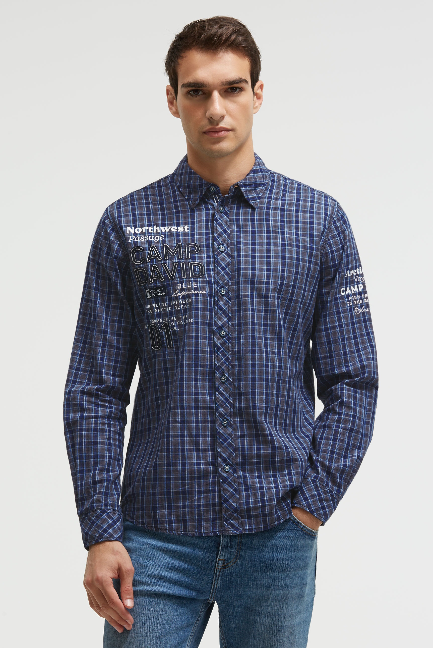 CAMP DAVID Herren Langarmhemdblau, Gr. L, bedruckt, bestickt, kariert, Web, Material: 100% Baumwolle, Hemden, aus Baumwolle