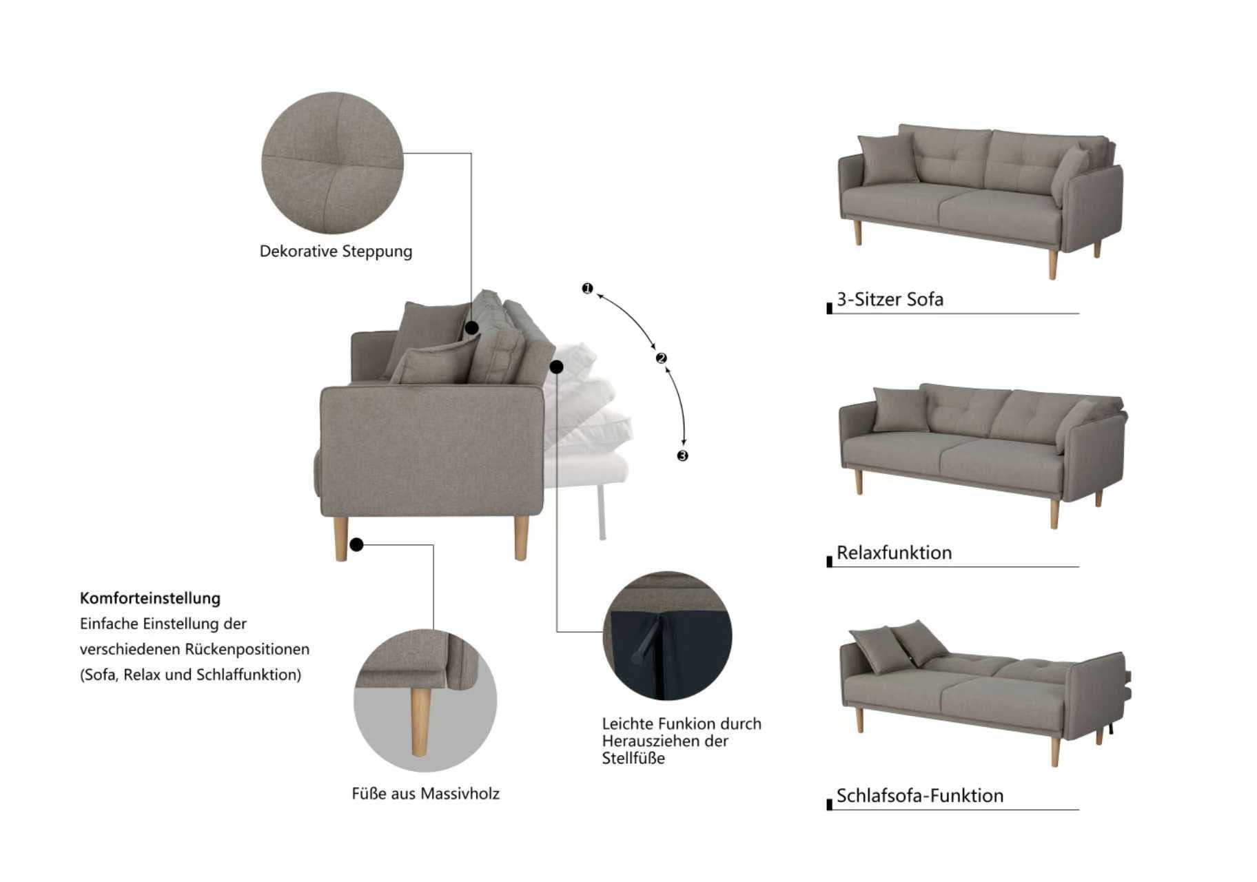 Home affaire Schlafsofa »SORENITY, 196 cm, 3-Sitzer, verstellbare Rückenlehne« Klappmechanismus, feiner Webstoff, natürliche Farben