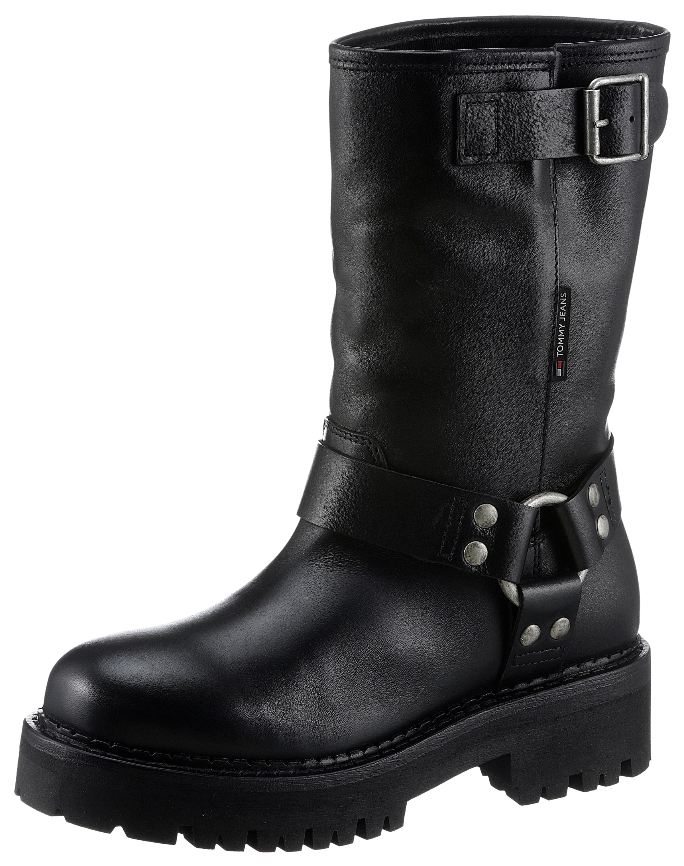 Tommy Jeans Bikerboots TJW URBAN BIKER BOOT LEATHER Blockabsatz Stiefelette Chunky Boots mit Zierriemen und Zierring online bestellen BAUR