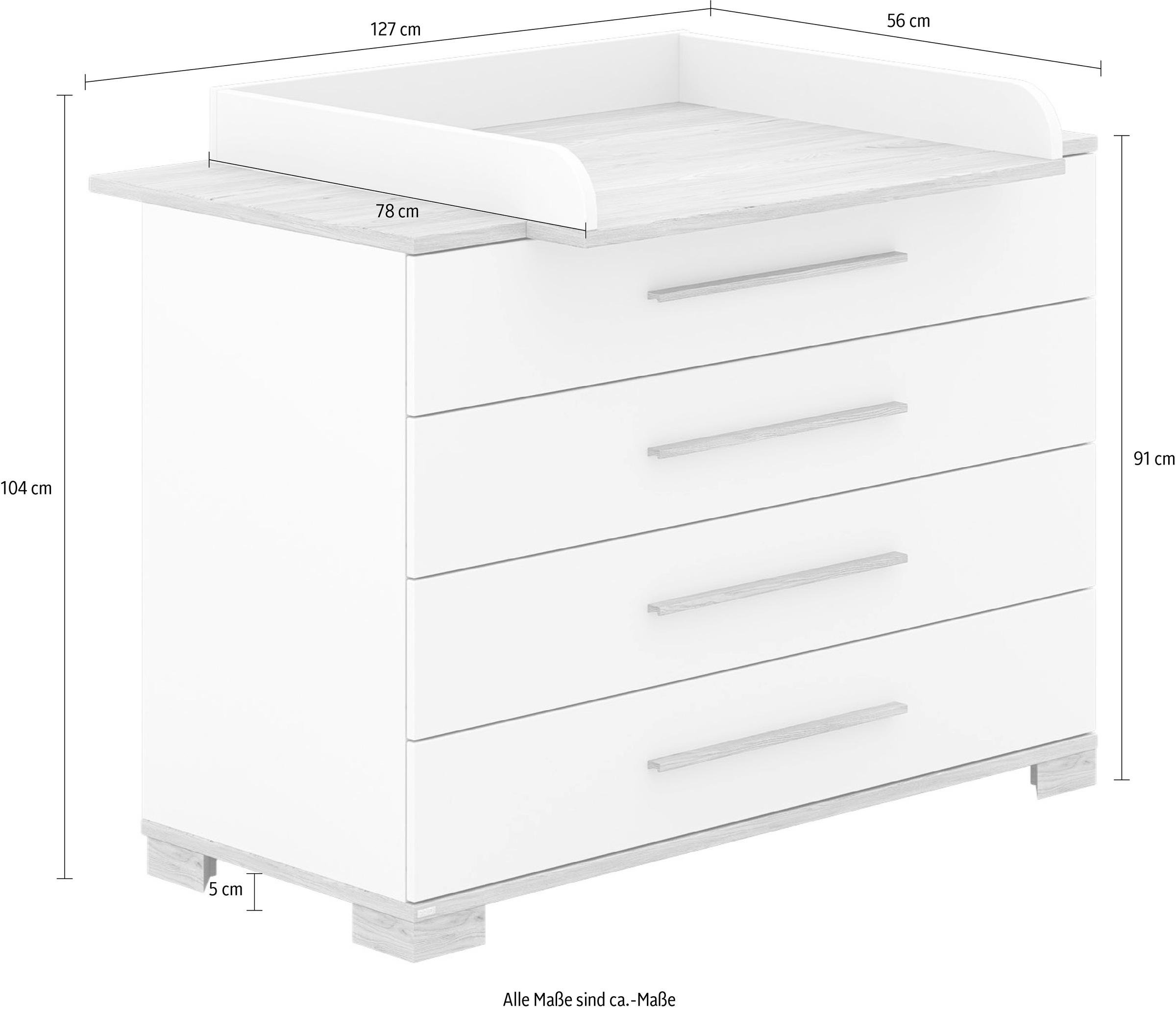 PAIDI Wickelkommode »YOLANDA in Weiß mit Eiche-Dekor, inkl. Wickelaufsatz, Spar-Set« bis 50 kg 4 Schubladen mit Soft-Close, 127 cm Breite, hochwertiger Wickeltisch 127 cm