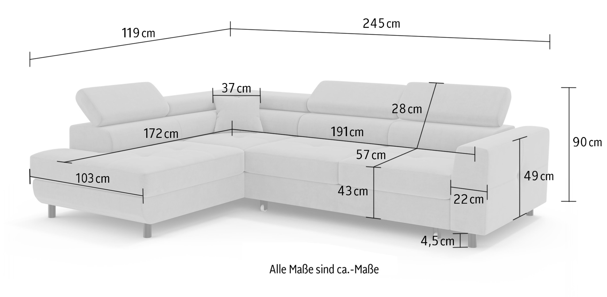 OTTO home Ecksofa »AADEN Schlafsofa mit verstellbaren Kopfstützen, B/T/H: 254/199/90 cm«, mit Bettfunktion und Bettkasten, Ottomane rechts/links bestellbar