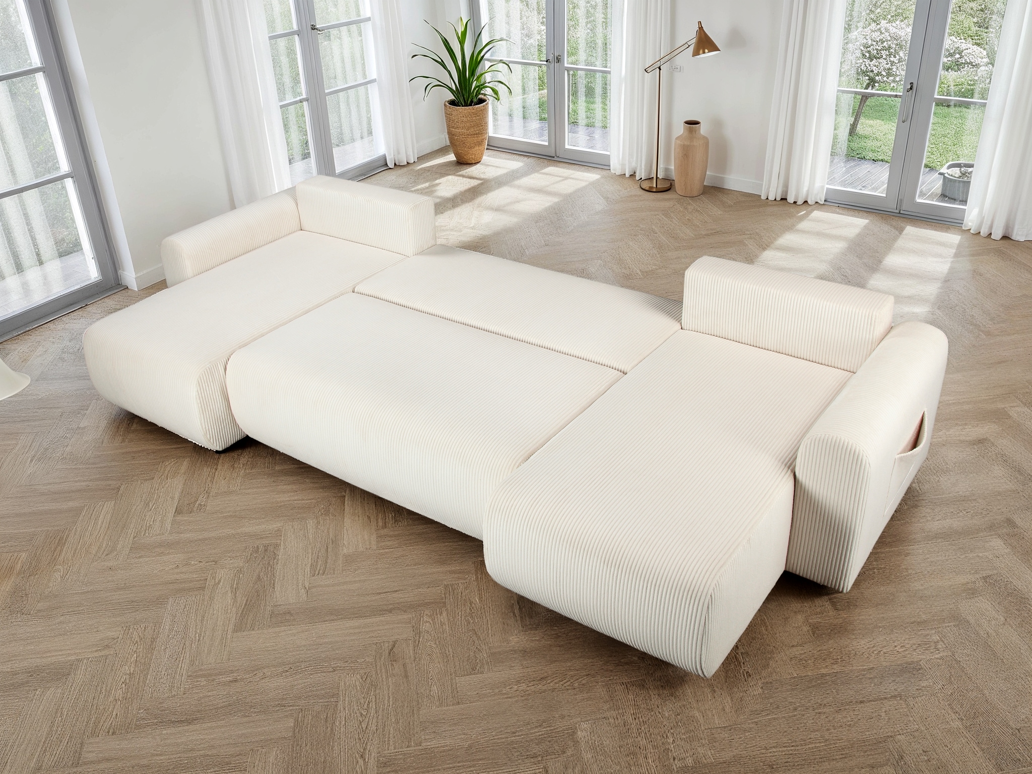OTTO home Wohnlandschaft »JONAA, 311 cm, U-Form, Schlafsofa, Boxspringfederung, Dauerschläfer« 133/270cm, Bettkasten, Seitentaschen, Cord und Struktur