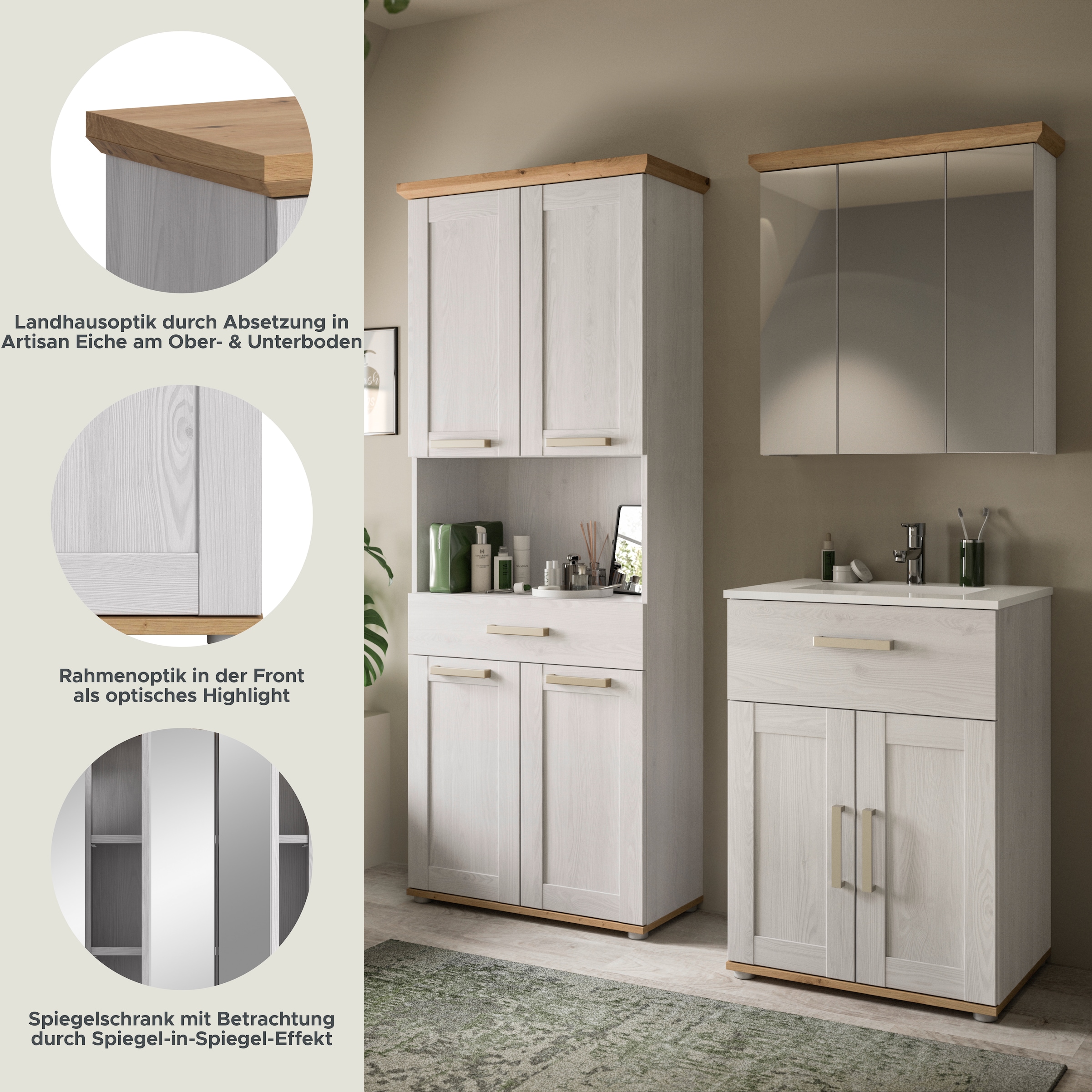 welltime Badmöbel-Set »COSENZA, 3-teilig, in Landhausoptik, mit farblich abgesetztem Kranz« best.aus: Hochschrank, Waschtisch inkl. Waschbecken & Spiegelschrank, 3 Stk. tlg.