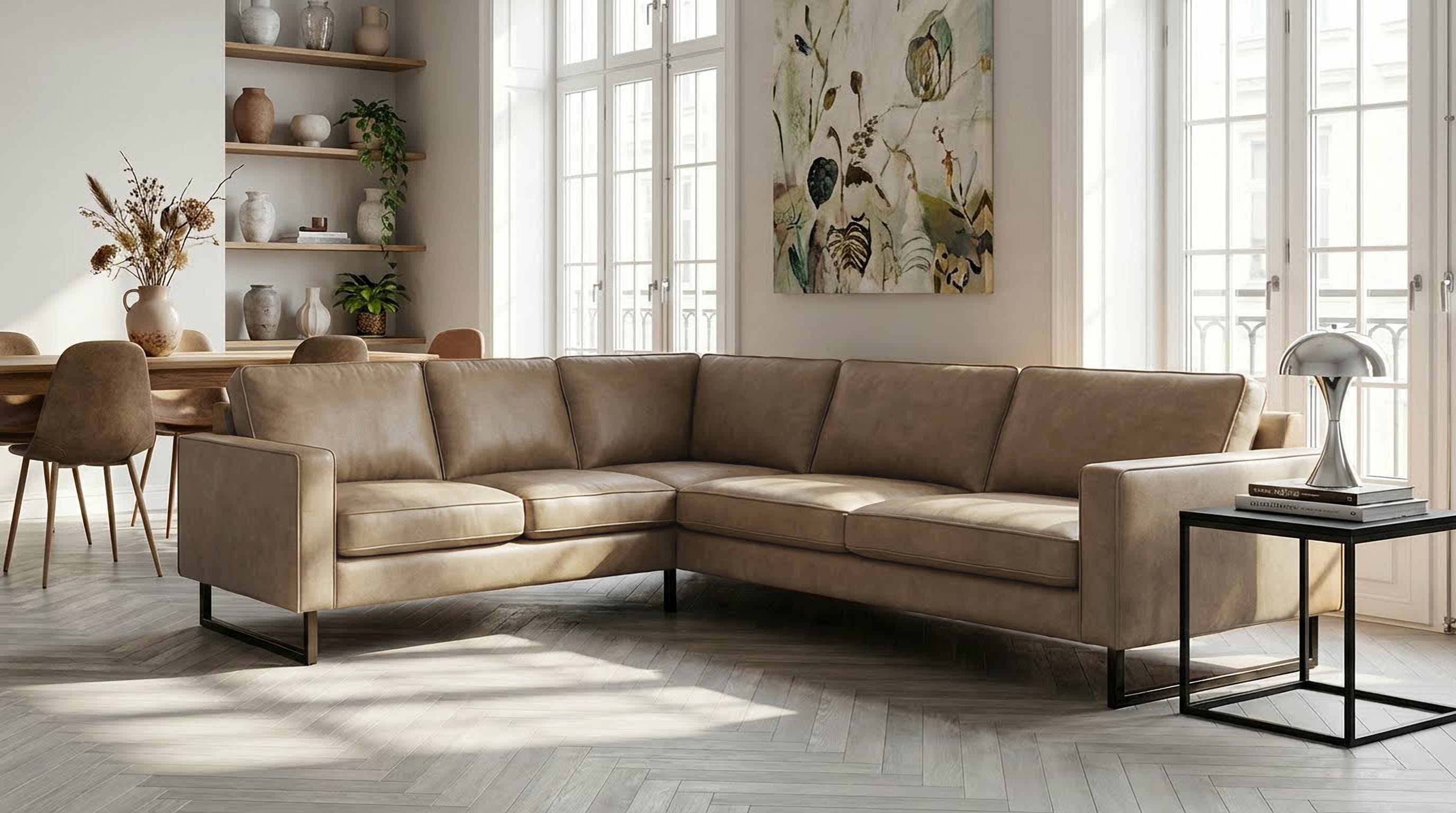 OTTO home Ecksofa "Pinto, XXL, 250/290 cm, langer Schenkel, Ottomane" Cord, Chenille, Lederoptik, mit Keder, Metallfüße, Wellenunterfederung