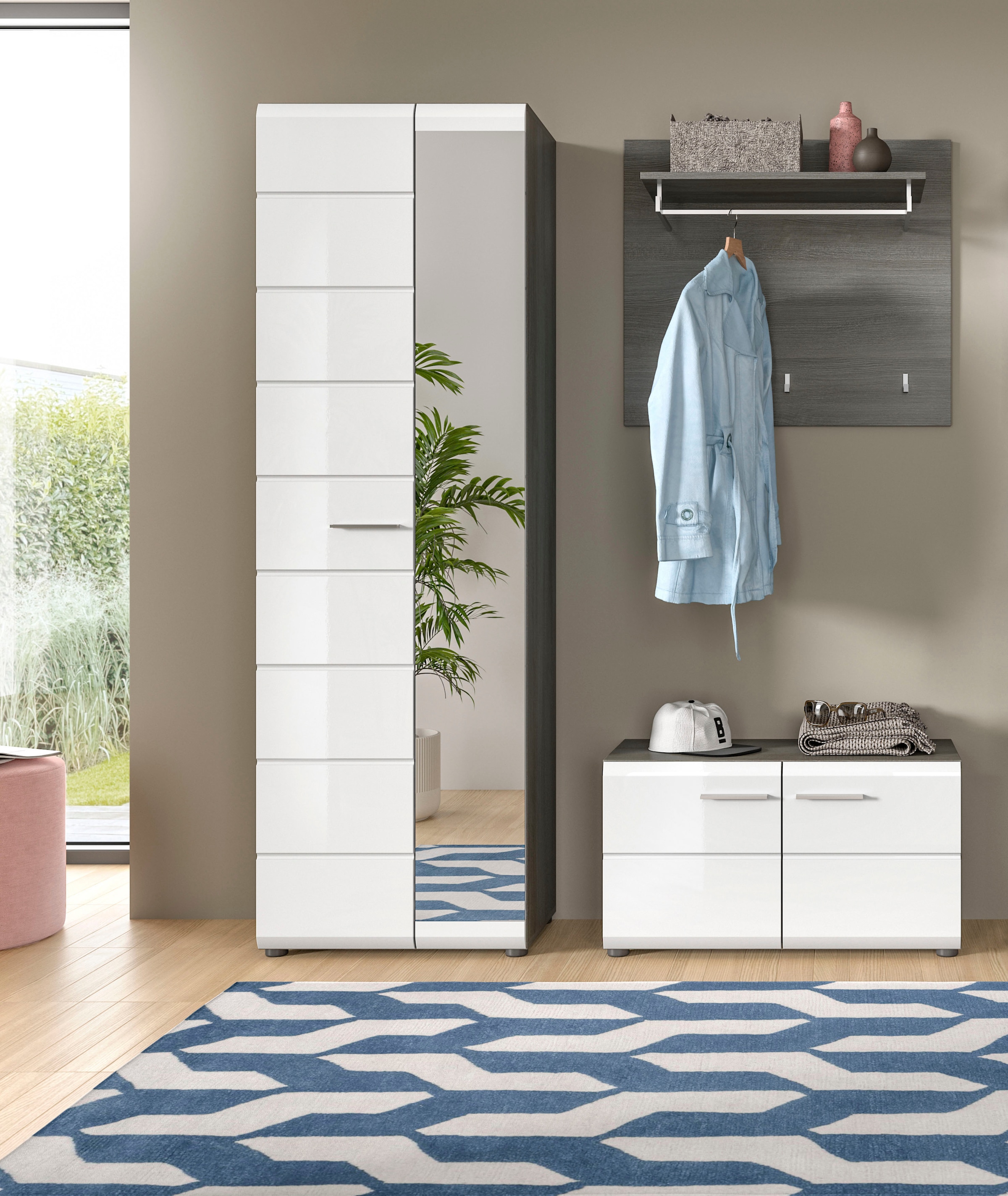 INOSIGN Garderoben-Set »Rumba, 3-teilig, Breite 155 cm, Hochglanz Front, bestehend aus:«, (3 St.), Garderobenschrank, Sitzbank, Garderobenpaneel