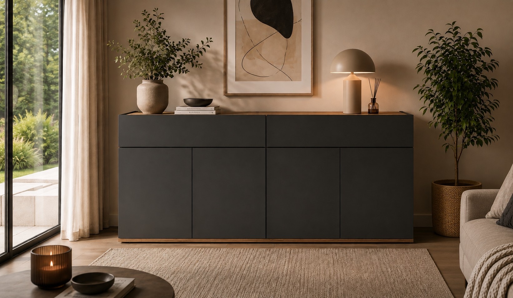 OTTO home Sideboard "Garda Kommode, Schrank, 4 Türen mit Push-to-Open, Made in Italy" 4 Türen, 2 Schubladen, grifflos Breite 160,1 cm, anthrazit/eiche matt