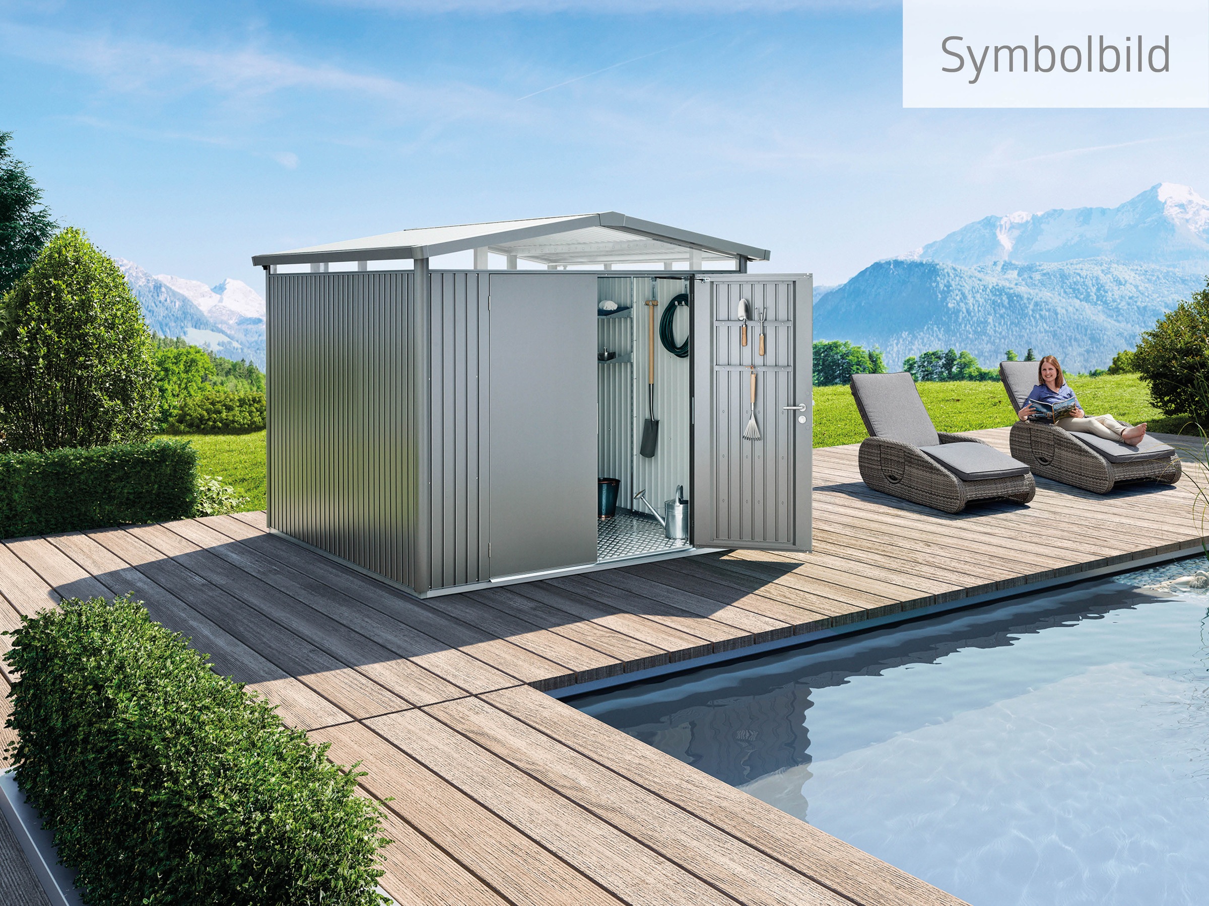 Biohort Gerätehaus »PANORAMA Gr. P4 quarzgrau-metallic
mit Doppeltür«, aus Metall mit umlaufendem Acrylglas-Lichtband