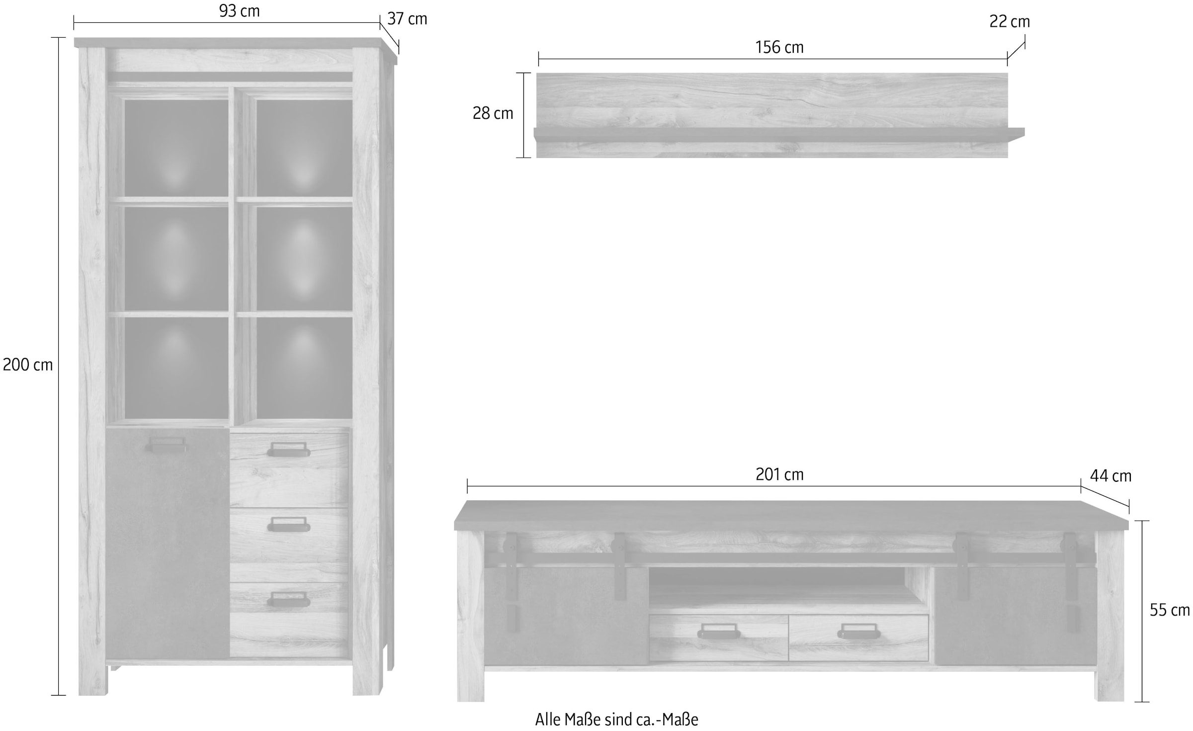Home affaire Wohnwand »York, moderne Anbauwand, Wohnzimmer-Set in Hunton Oak, 201 cm breit«, (Komplett-Set, 3 St.), enthält Vitrine, Lowboard +Wandboard, Metallgriff, Scheunentorbeschlag