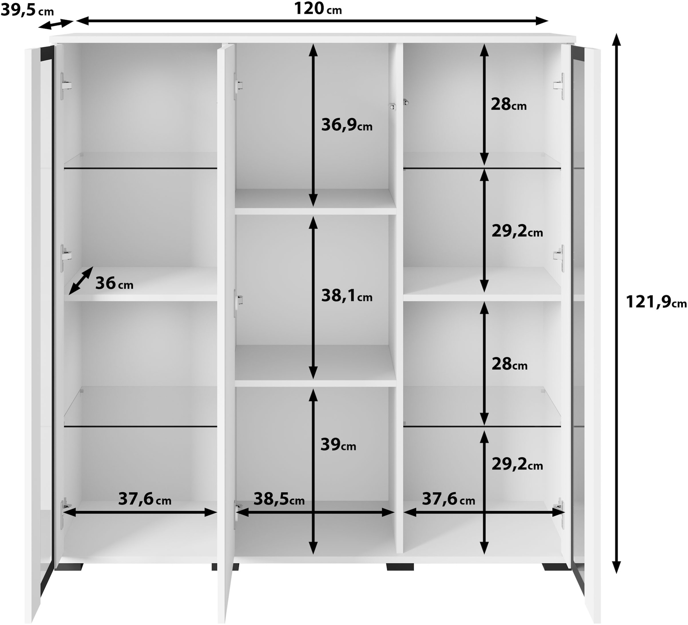 INOSIGN Highboard »Caro, modernes Design mit Glaseinsätzen, Breite 120 cm«, (1 St.), grifflose Fronten mit Push-to-Open, höhenverstellbare Einlegeböden