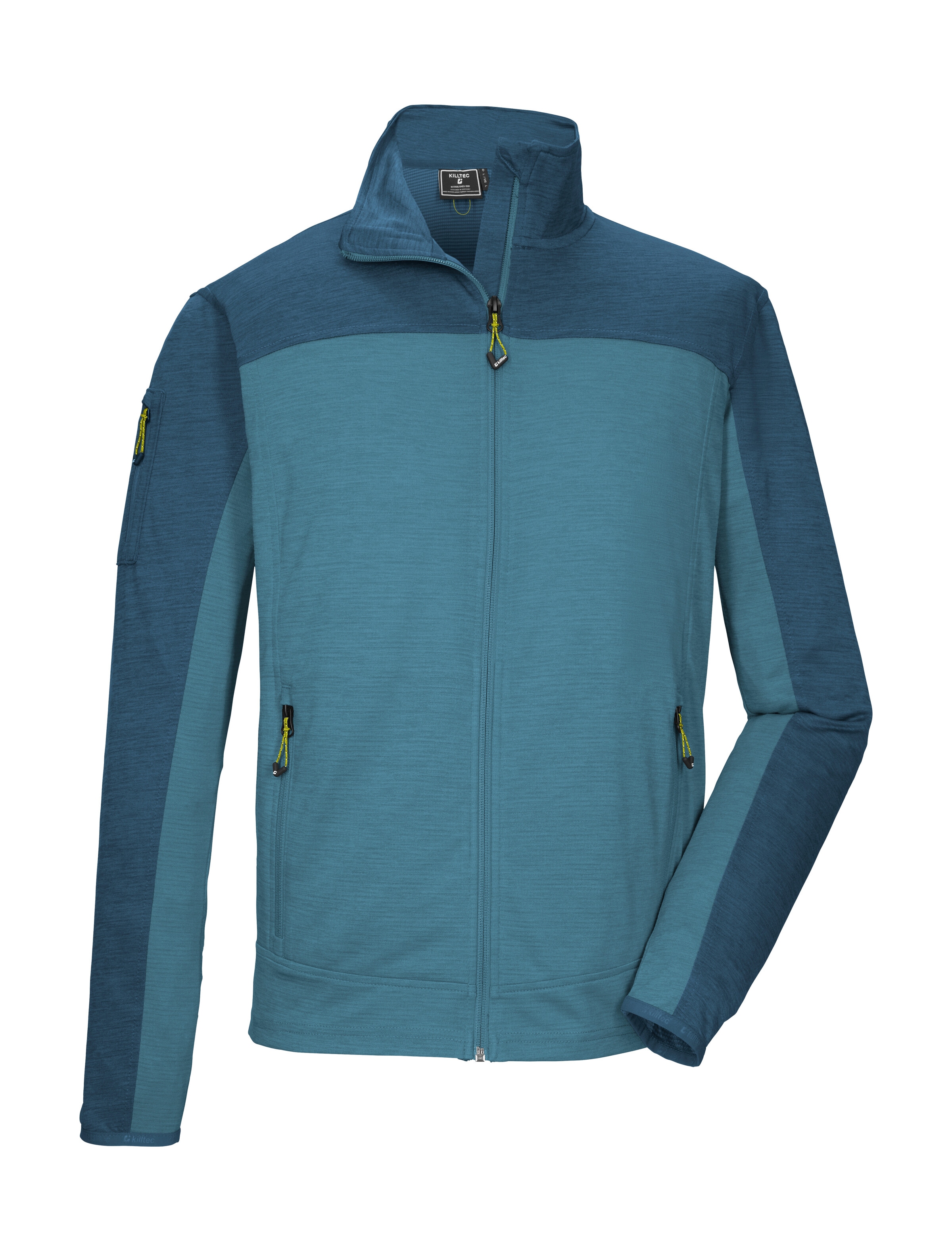Strickjacke KILLTEC "KOS 42 MN FLX JCKT", Herren, Gr. M, blau, Obermaterial: 100% Polyester, Strickjacken Strickjacke, Sportive Colourblock-Jacke, Kinnschutz, verschließbare Taschen