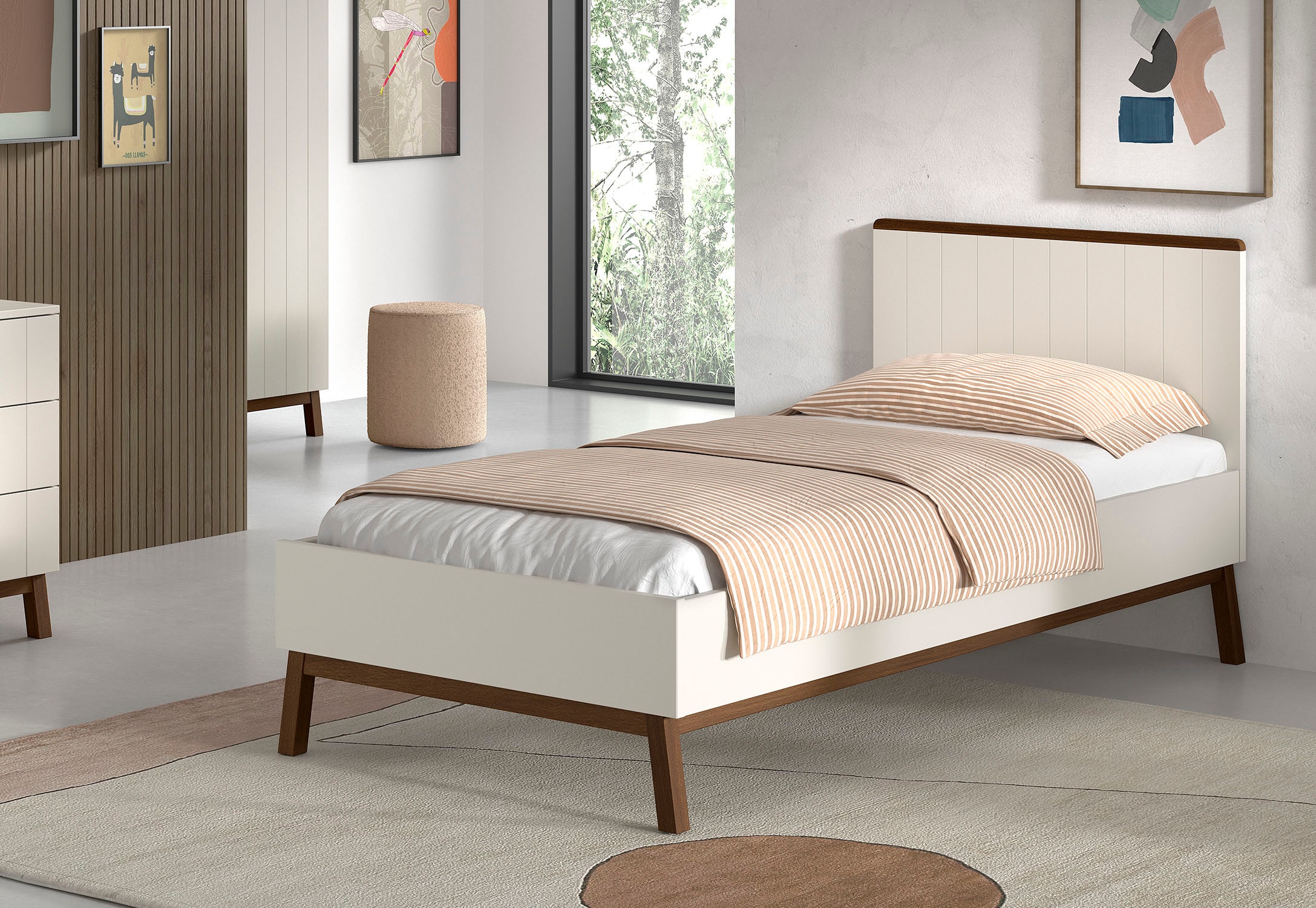 Vipack Einzelbett »Sezane 90x200 cm, in warmen Grau lackiert, Absatz nussbaumfarbig« Bettsockel und Handlauf Kiefer massiv nussbaumfarbig lackiert