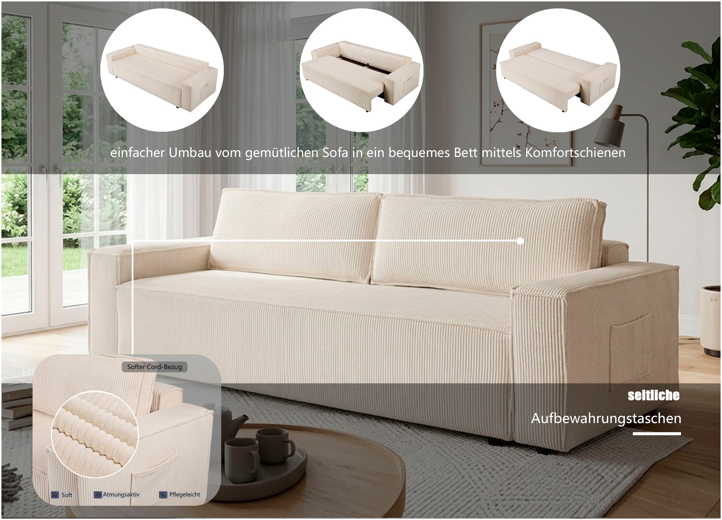 OTTO home Schlafsofa »CASSI 3-Sitzer, 240 cm - OTTO. Verlässliche Qualität.« Schlaffunktion (134/200), Bettkasten, Cord, Unser Tiefpreis