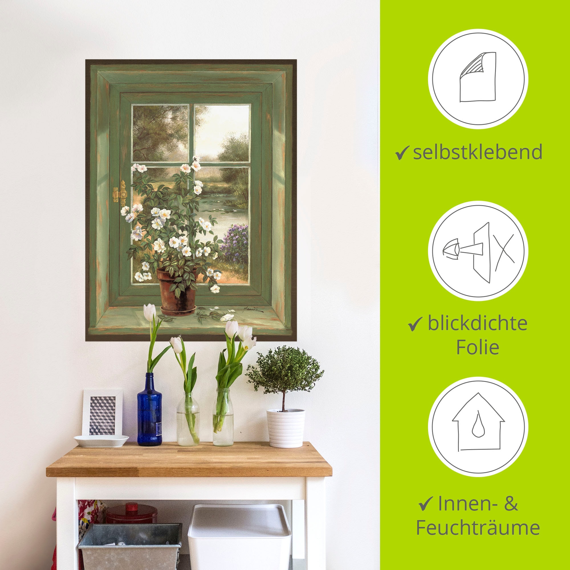 Artland Wandbild »Wildrosen am Fenster«, Arrangements, (1 St.), als Alubild, Outdoorbild, Leinwandbild, Poster, Wandaufkleber
