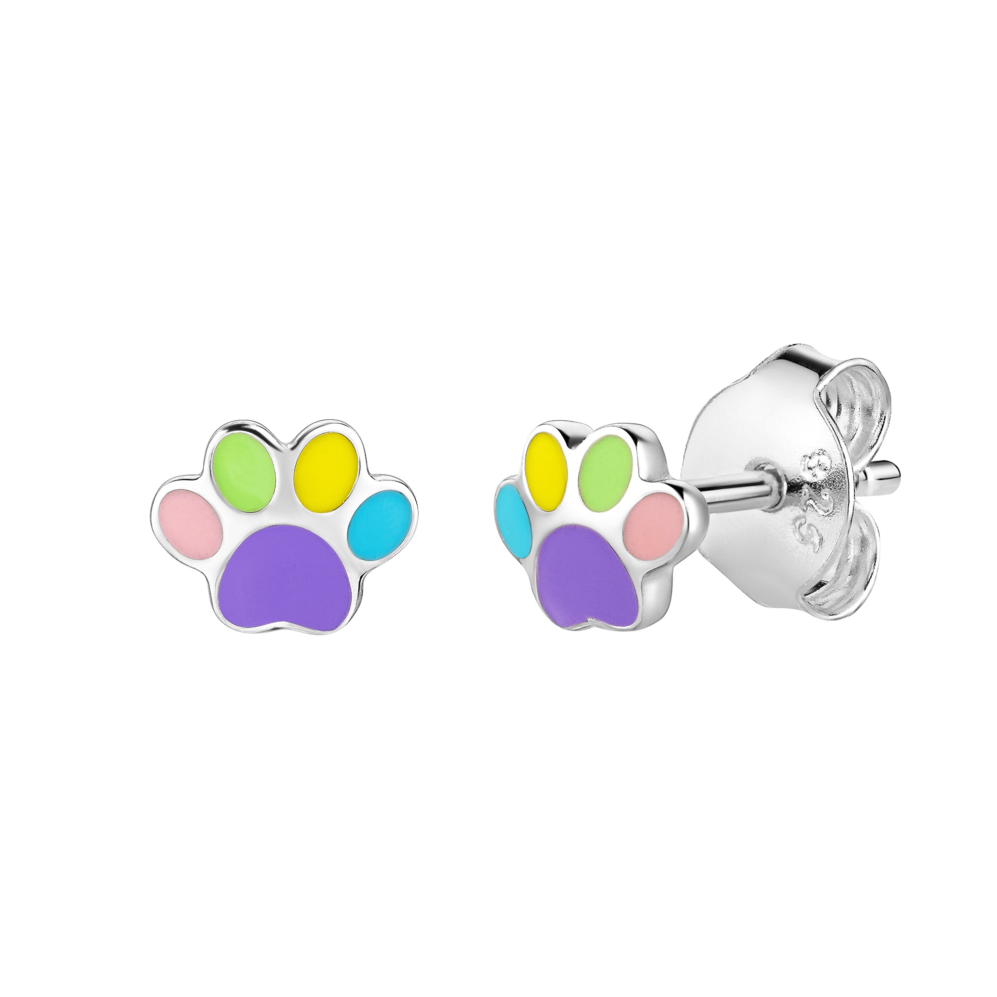 Paar Ohrstecker FIRETTI "Schmuck Geschenk Silber 925 Ohrschmuck Ohrringe Pfote", silberfarben, lila, türkis, gelb, grün, rosa, Ohrringe, Mädchen, Silber 925 (Sterlingsilber)