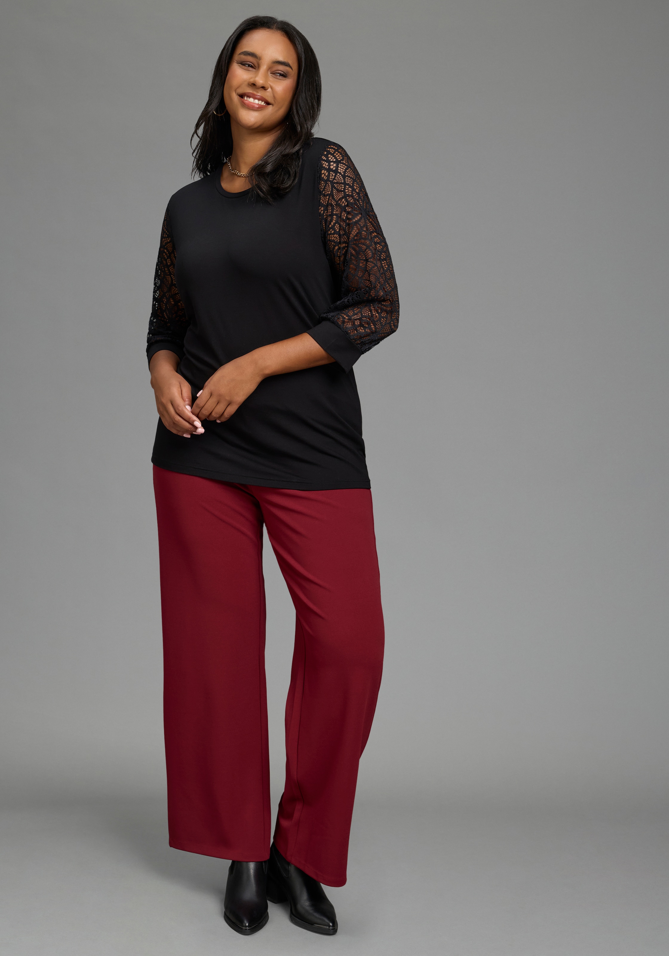 Laura Scott CURVE Spitzenshirt »Große Größen« figurbetonte Passform, mit Spitze, 3/4-Ärmel, Rundhalsausschnitt