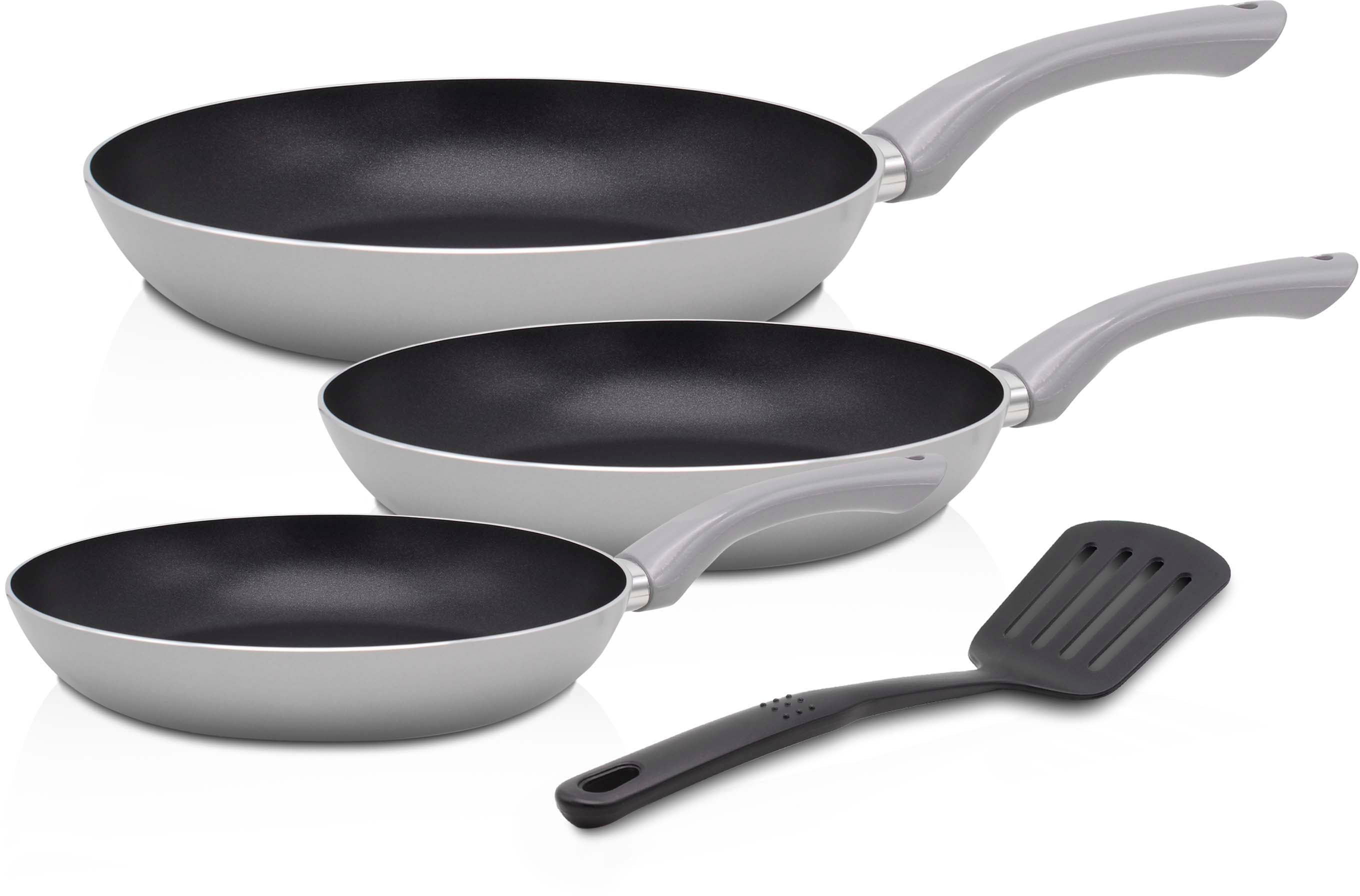 Krüger Pfannen-Set "Aluminium Pfannenset London, 4 tlg." Aluminium Set, je 1 Bratpfanne Ø 20 /24 / 28 cm, 1 Pfannenwender, 4 Stk. tlg. für Induktions-Kochfelder geeignet