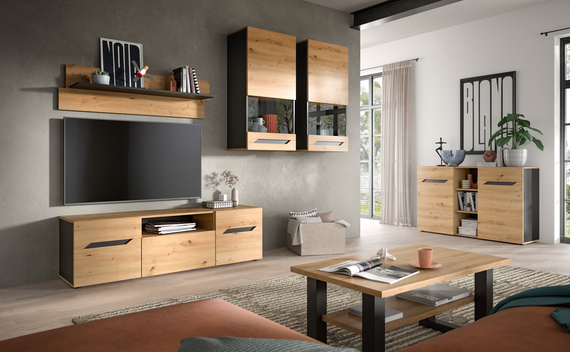 INOSIGN Wohnwand »SERTA, 4-teilig, best. aus: 2x Vitrine, 1x Lowboad & 1x Wandboard«, Anbauwand, Set, Möbelset, TV-Wand, Wohnzimmerset, Schrankwand