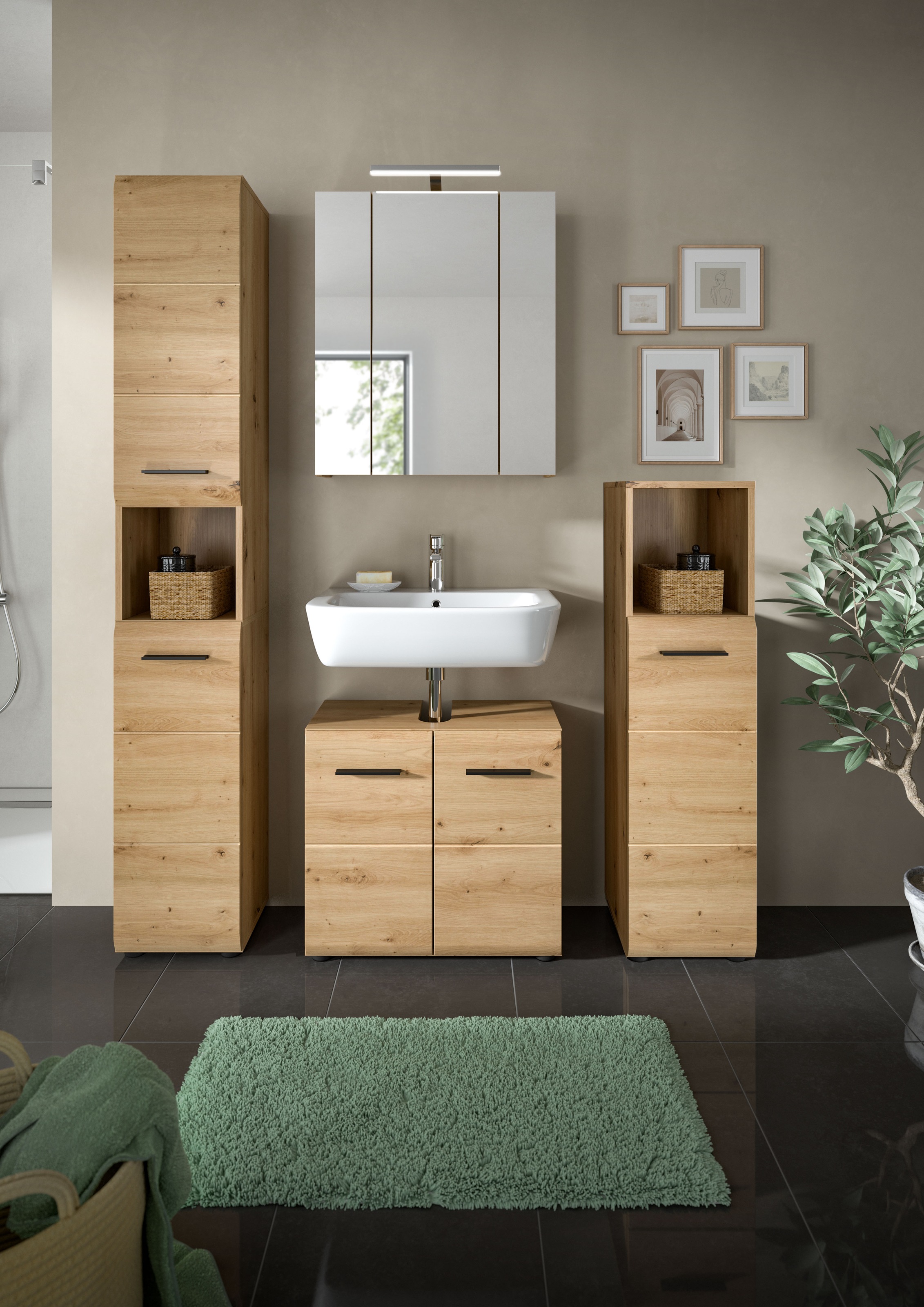 INOSIGN Badezimmer-Set, (Set, 5 St.), Florenz, Badkombination 5-tlg.,Artisan Oak NB,l inkl Beleuchtung