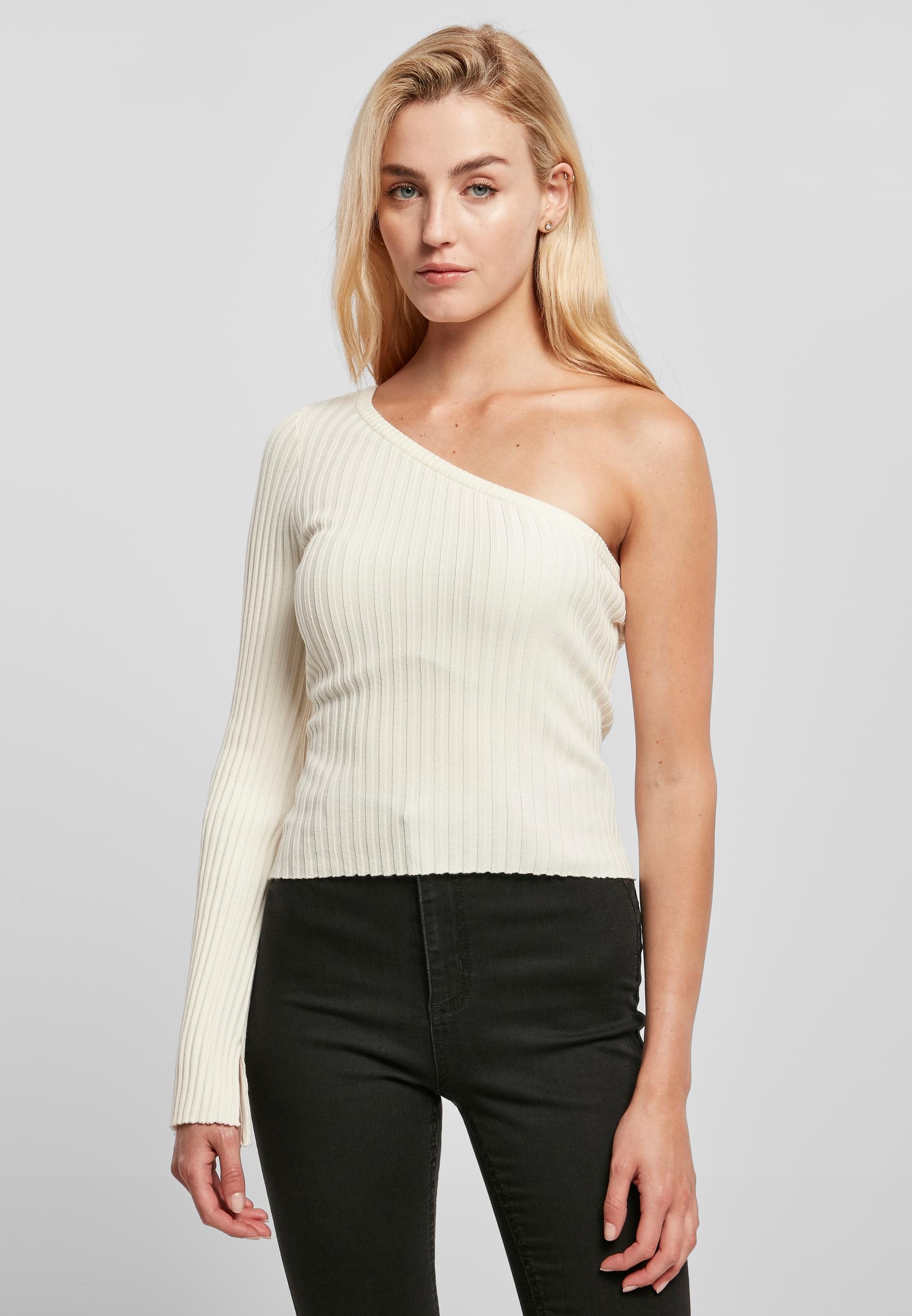 URBAN CLASSICS Rundhalspullover »Urban Classics Damen Ladies Short Rib Knit One Sleeve Sweater«, (1 tlg.)
