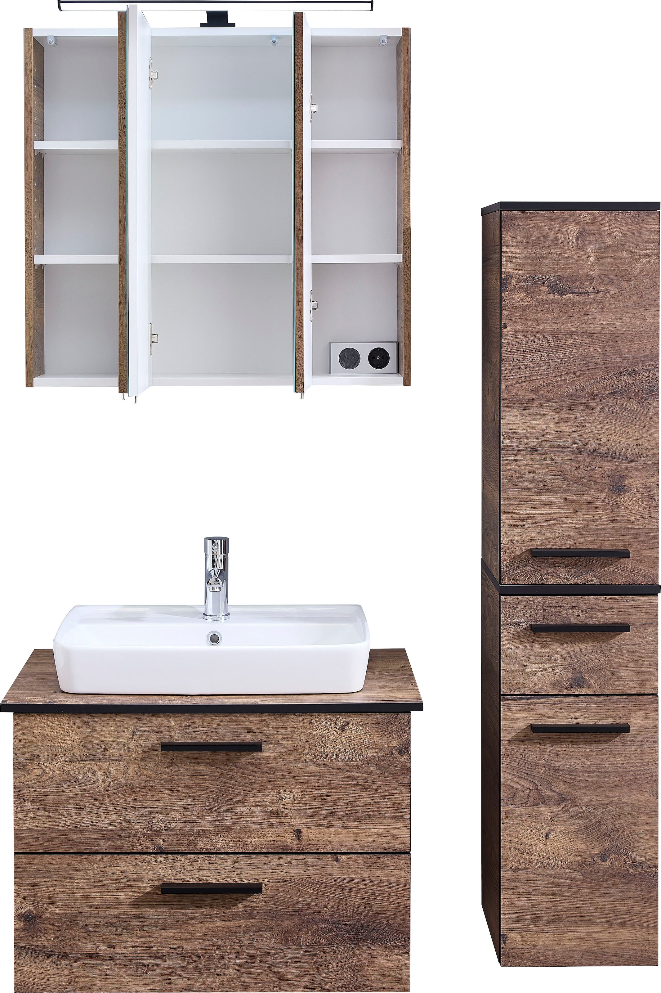 Saphir Badmöbel-Set »Quickset 374 3-teilig, Keramik-Aufsatzbecken und LED-Spiegelschrank«, (6 St.), Midischrank, inkl. Türdämpfer, 5 Türen, 3 Schubladen, Bad-Set
