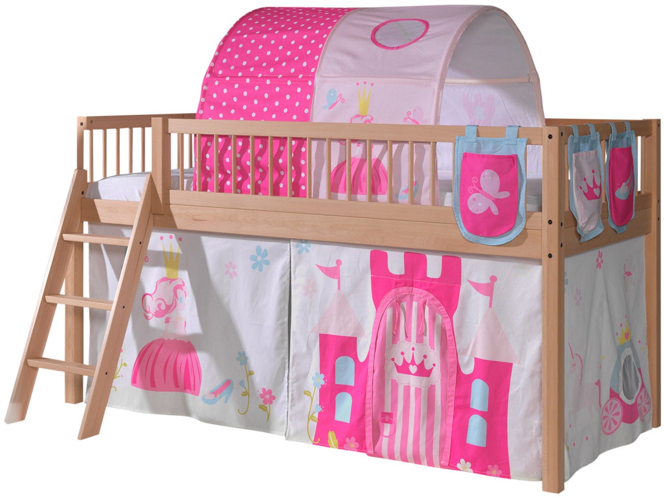 Vipack Spielbett "Forrest, Absturzschutz mit Sprossen-Optik, Pfostenstärken ca. 50x50mm" Buche natur lackiert, stabil und hochwertig gebaut, inkl. Lattenrost, 90/200 cm, Spielbereich unter dem Bett, 2 Textil-Set´s zur Wahl