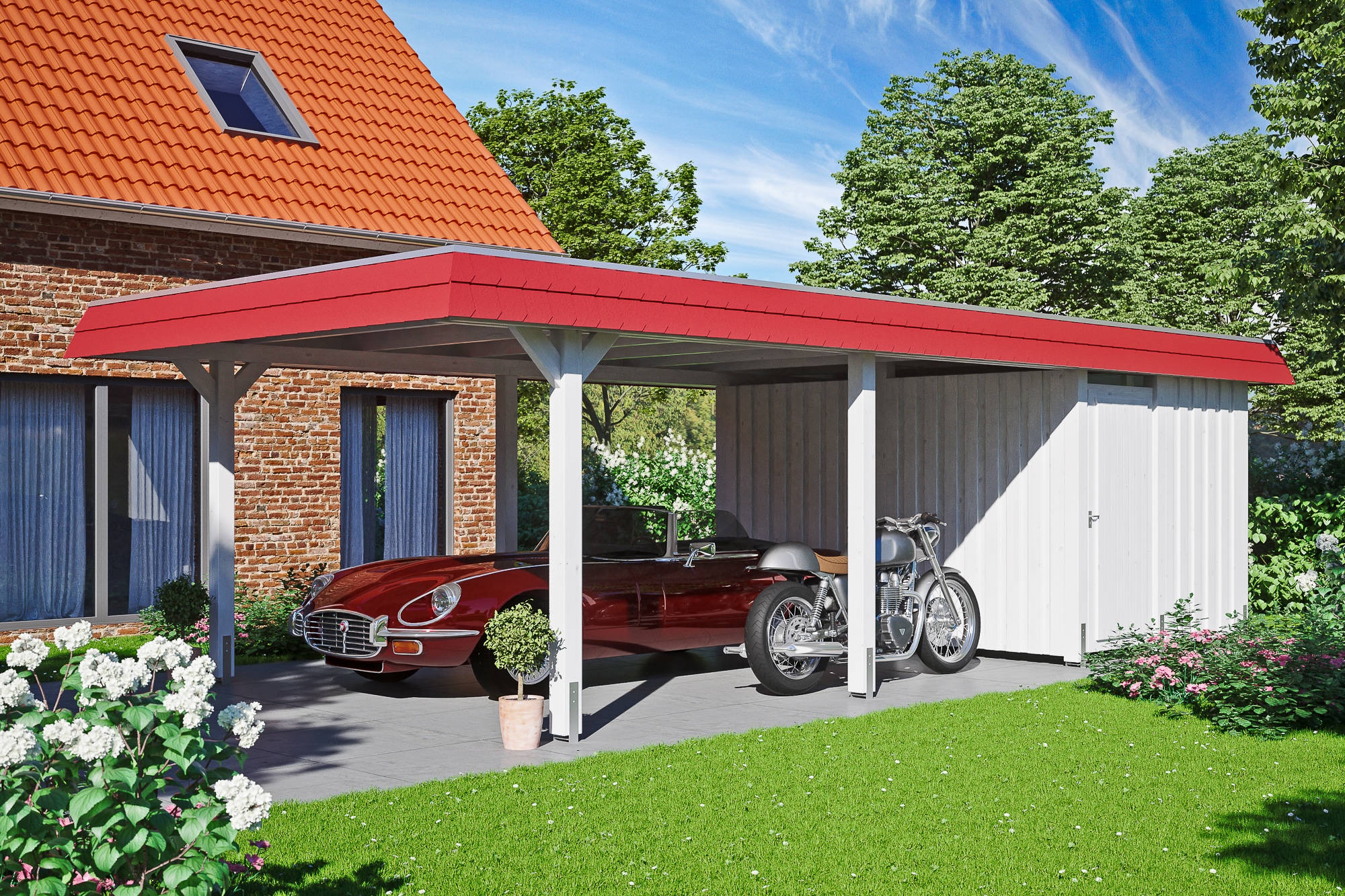 Skanholz Einzelcarport »Wendland«, Leimholz-Fichte, 341 cm, Weiß, mit Abstellraum mit Aluminiumdach, rote Blende