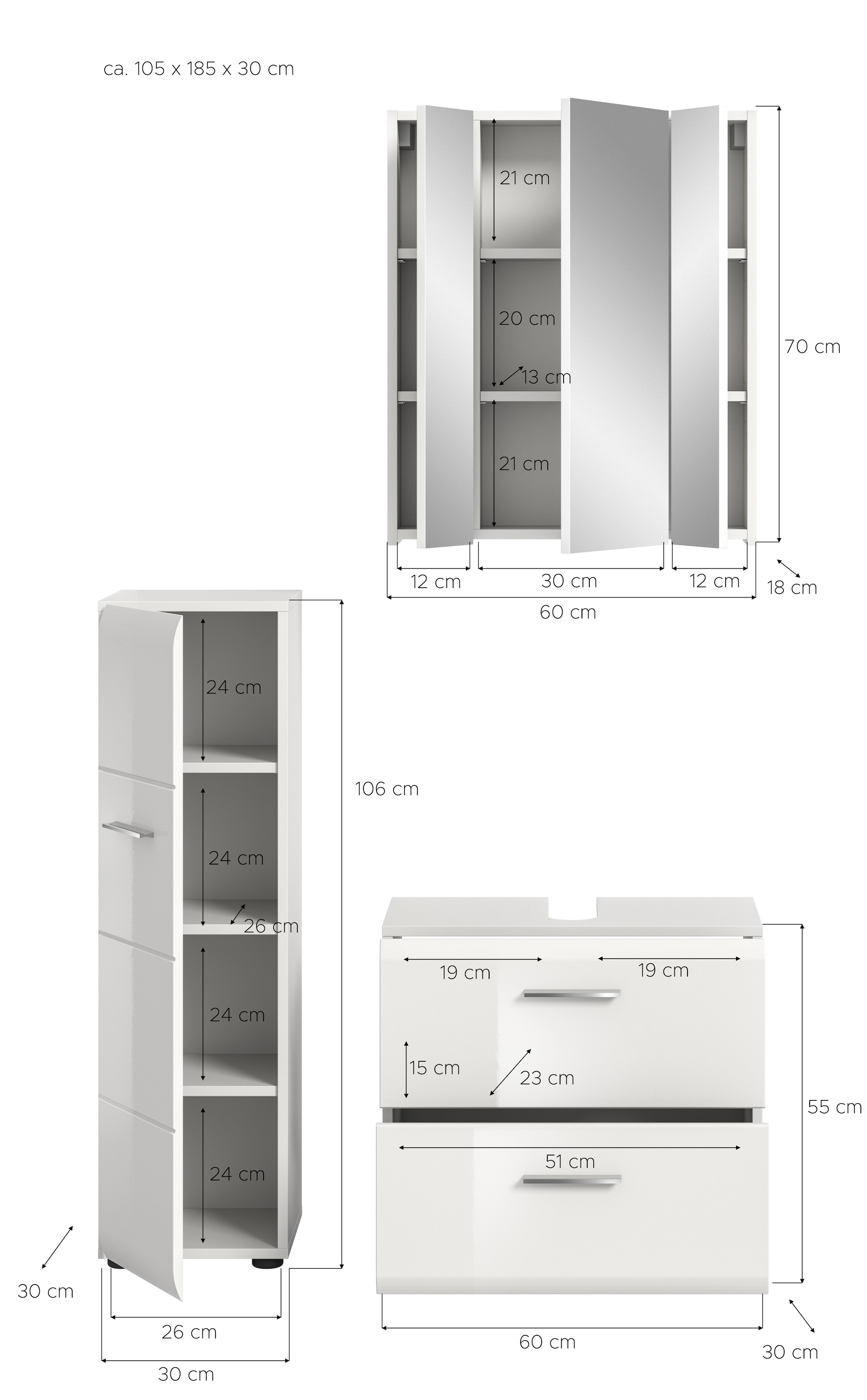 INOSIGN Badezimmer-Set, (Set, 3 St.), Florenz, Badkombination 3-tlg., Weiß hochglanz tiefzieh, Standschrank