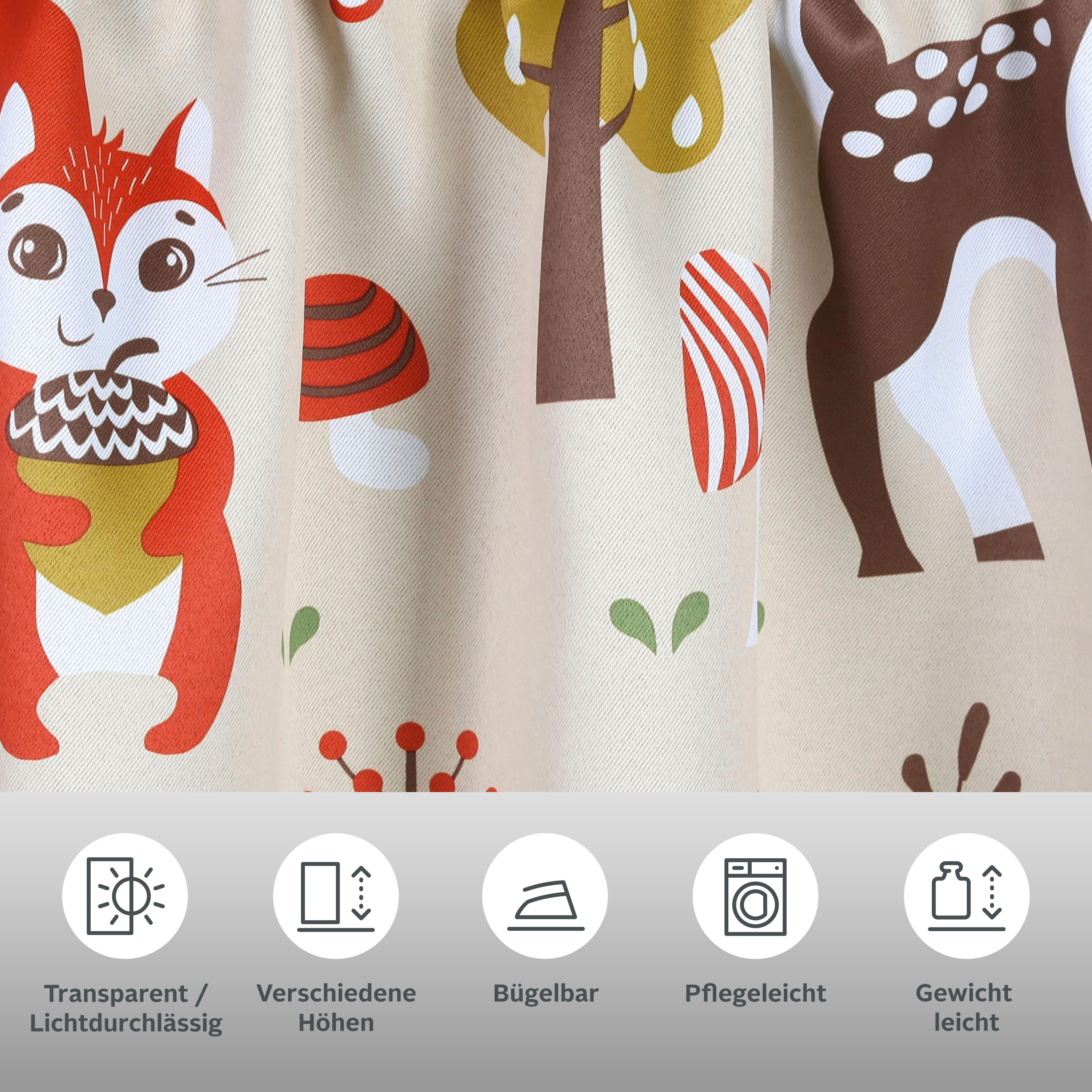 Thumbnail - my home Verdunkelungsvorhang "Waldtiere" Kräuselband 1 Stk. tlg. blickdicht, bedruckt, verschiedene Größen