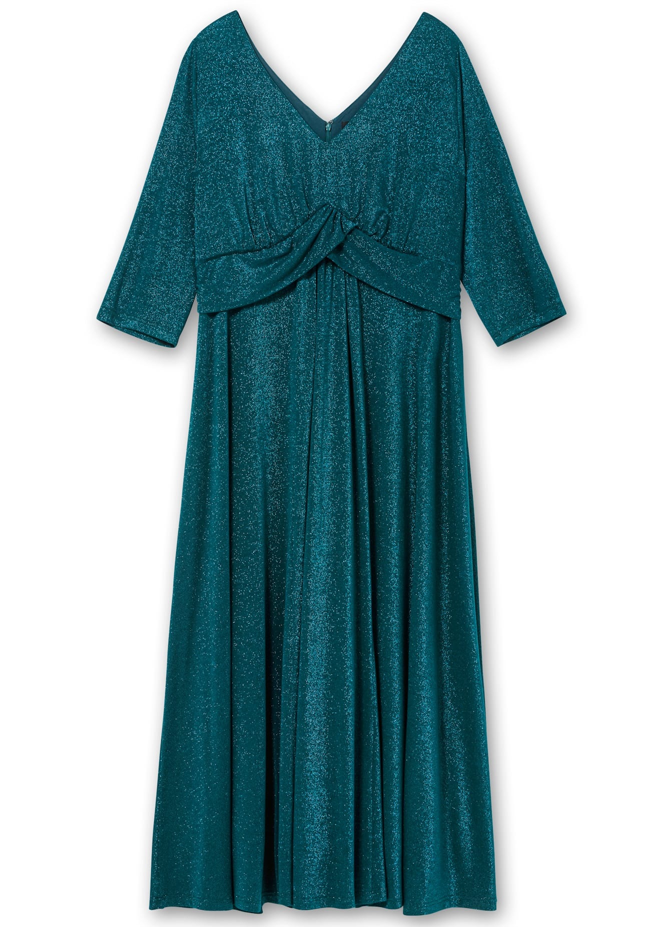 Abendkleid SHEEGO "Abendkleid", Damen, Gr. 50, Normalgrößen, blau (petrol), 66% Viskose, 16% Polyamid, 15% metallisierte Fasern, 3% Elasthan, unifarben, wadenlang, V-Ausschnitt, Kleider Abendkleid 2