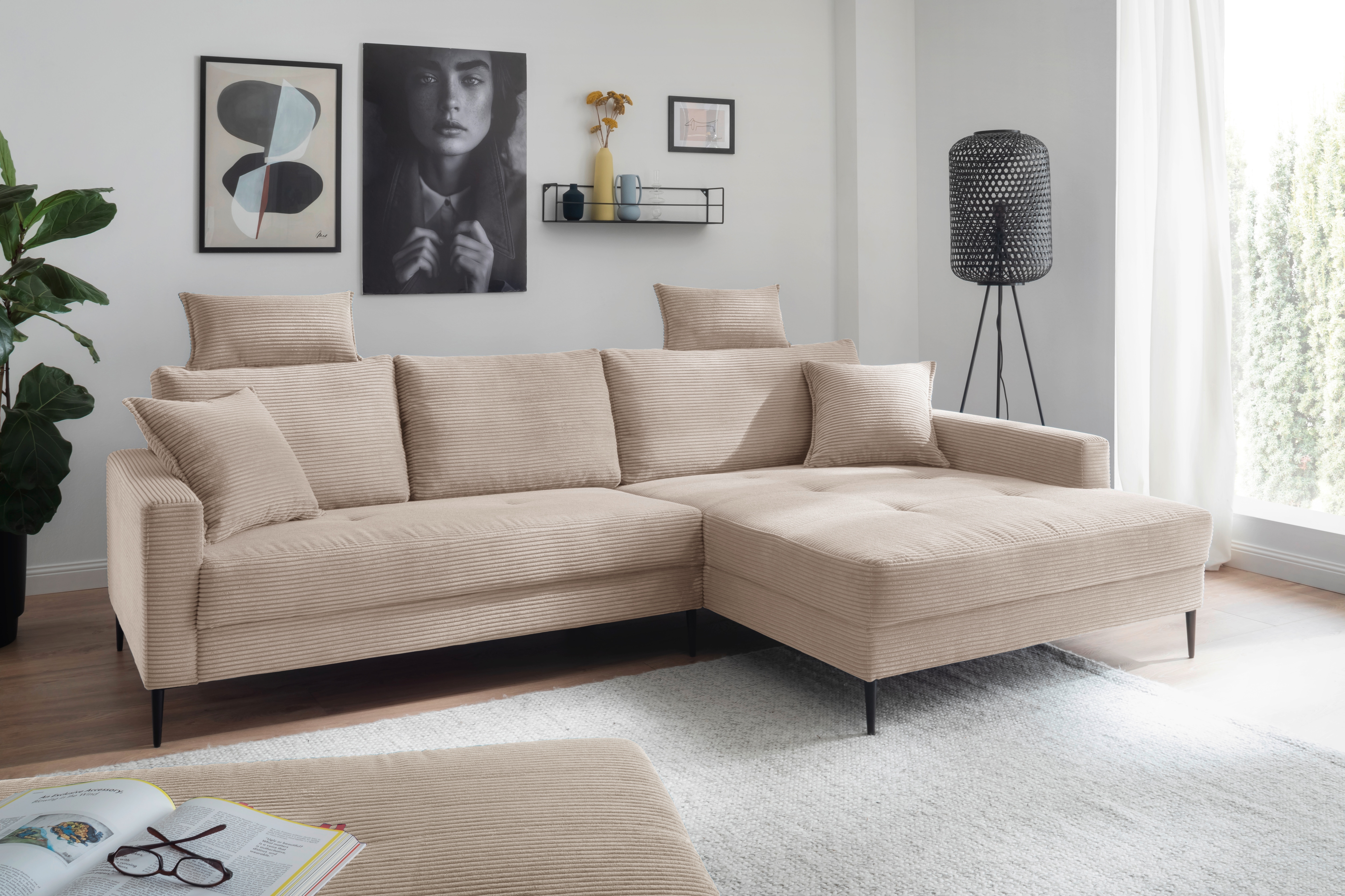 OTTO home Ecksofa "Summer L-Form, B: 280cm, in Cord & Struktur" wahlweise mit Kopfstützen, schwarze Metallfüße