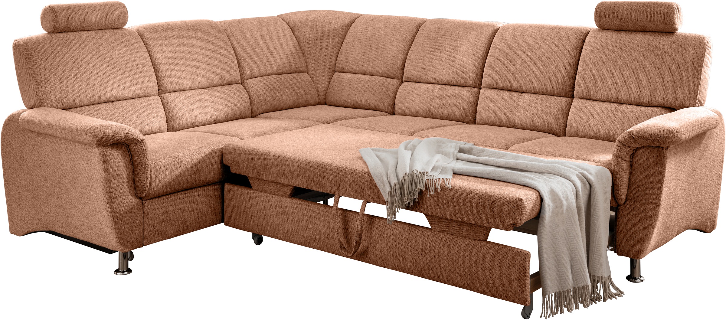 Home affaire Ecksofa »Pisa L-Form, mit Schlaffunktion, Stauraum, 2x höhenverstellbare«, Kopfstützen und Relaxfunktion im Eckelement