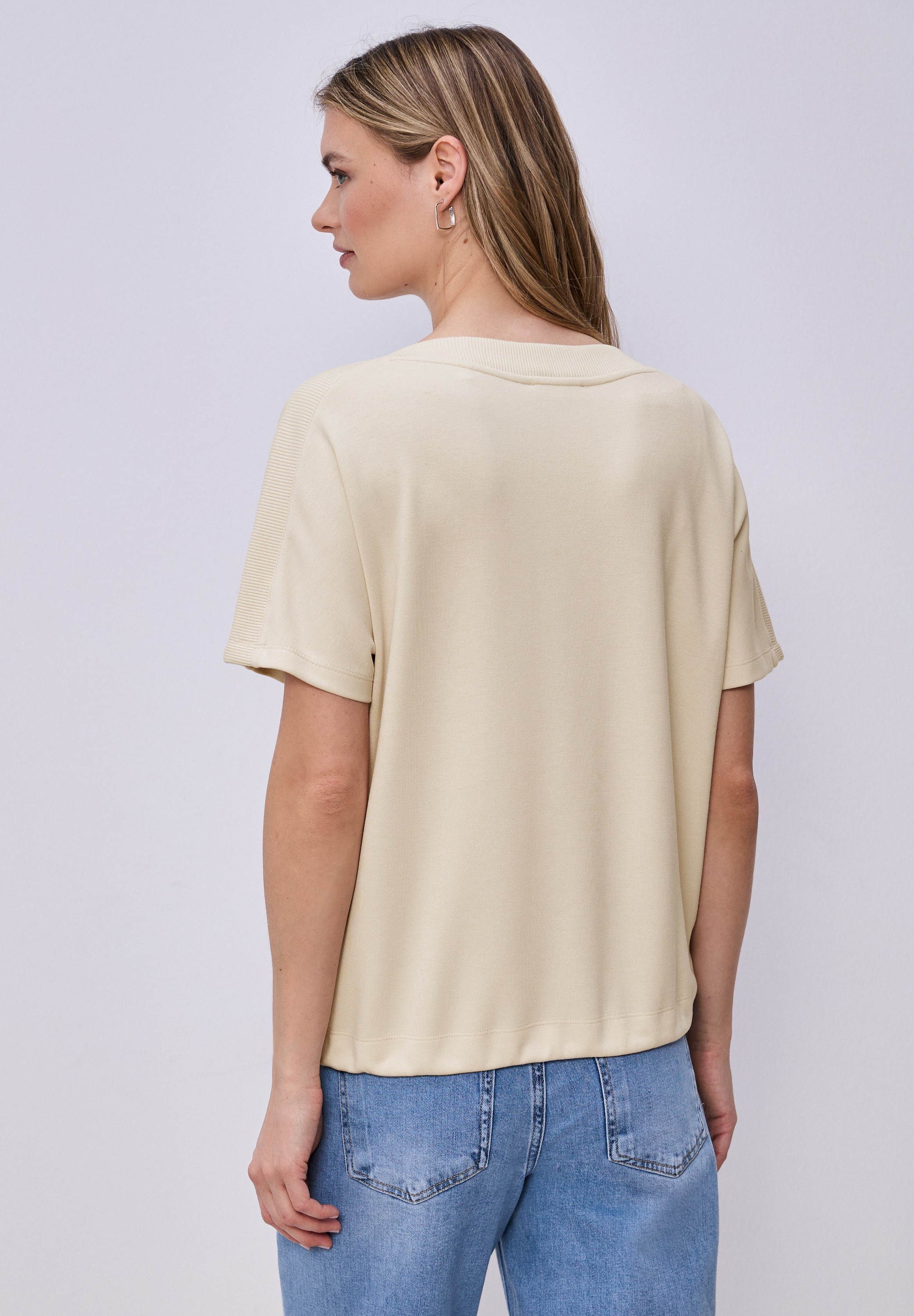 T-Shirt STREET ONE, Damen, Gr. 42, smoke beige, Stoff, 48% Viskose, 48% Polyester, 4% Elasthan, unifarben, comfort fit normal, U-Boot-Ausschnitt, normaler Saum, Shirts T-Shirt, mit U-Boot-Ausschnitt 5
