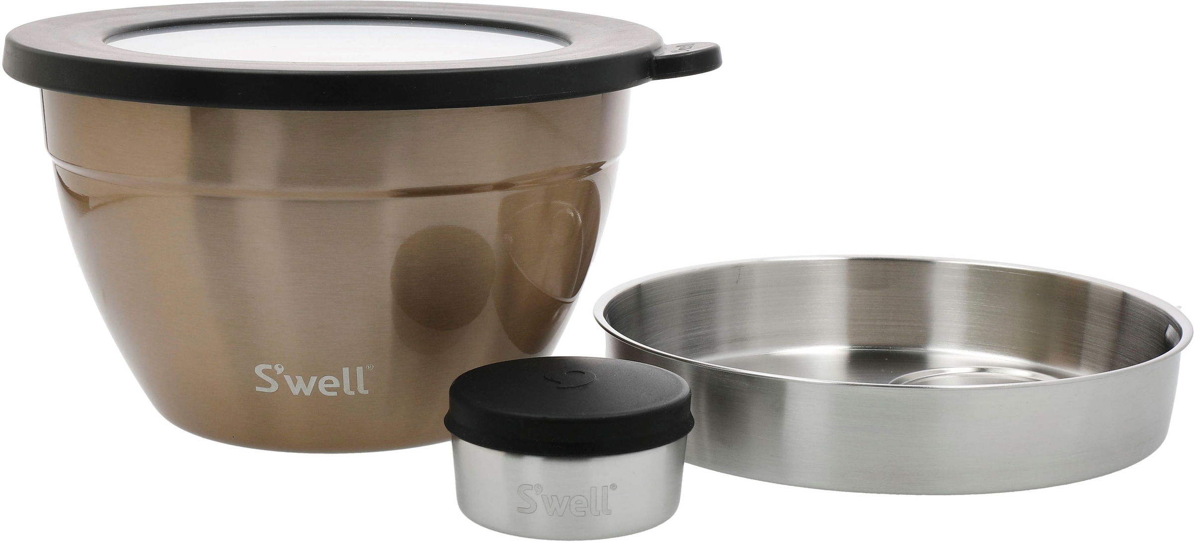 S'well Salatschüssel »S'well Calacatta Gold Salad Bowl Kit, 1.9L«, 3 tlg., aus Edelstahl, Therma-S'well®-Technologie mit vakuumisolierten Außenschale