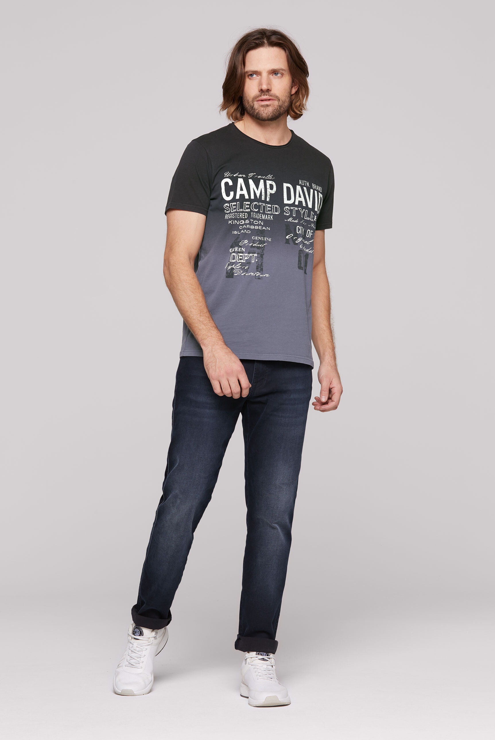 CAMP DAVID Rundhalsshirt, mit offener Kante am Ausschnitt