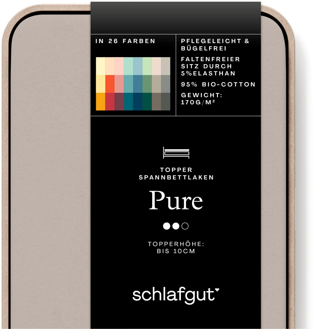 Schlafgut Spannbettlaken "PURE TOPPER Bio-Baumwolle mit Elasthan 170 g/m² für Topper bis 10 cm" PREMIUM Laken für Matratzen bis 10 cm Höhe, dehnbar, blickdicht