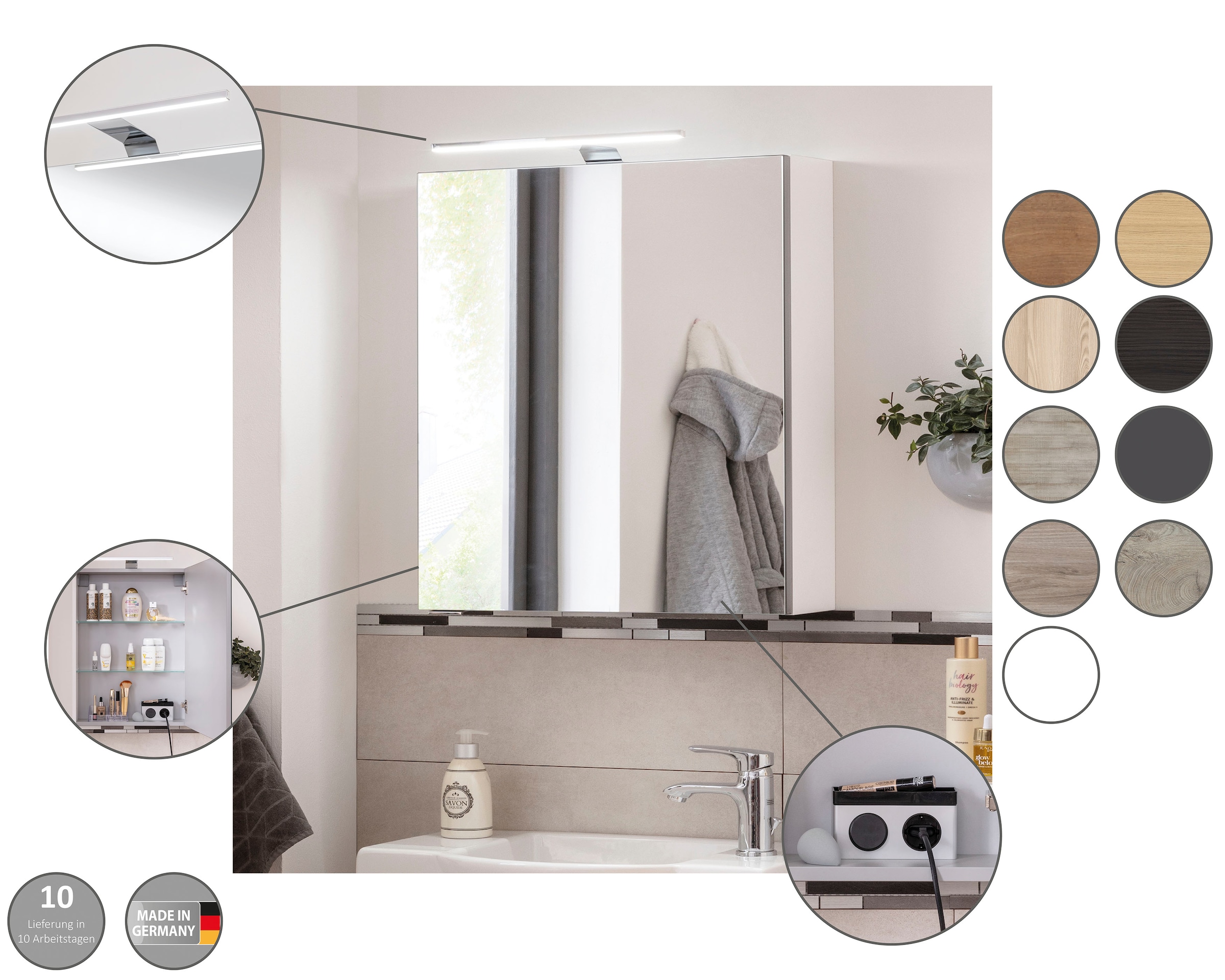 FACKELMANN Spiegelschrank »SBC« Spiegelschrank mit LED-Aufsatzleuchte,  Aufsatzleuchte, Schalter und Steckdose, Breite 50cm, Anschlag links