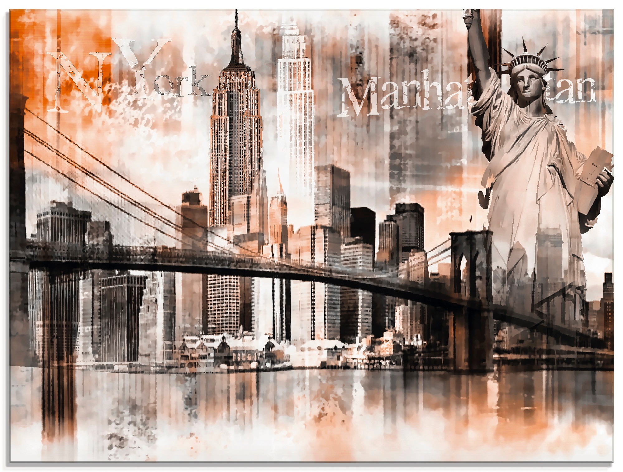 Glasbild ARTLAND, B:60cm H:45cm, orange, Küche, Bilder, "New York Skyline Collage V", in verschiedenen Größen