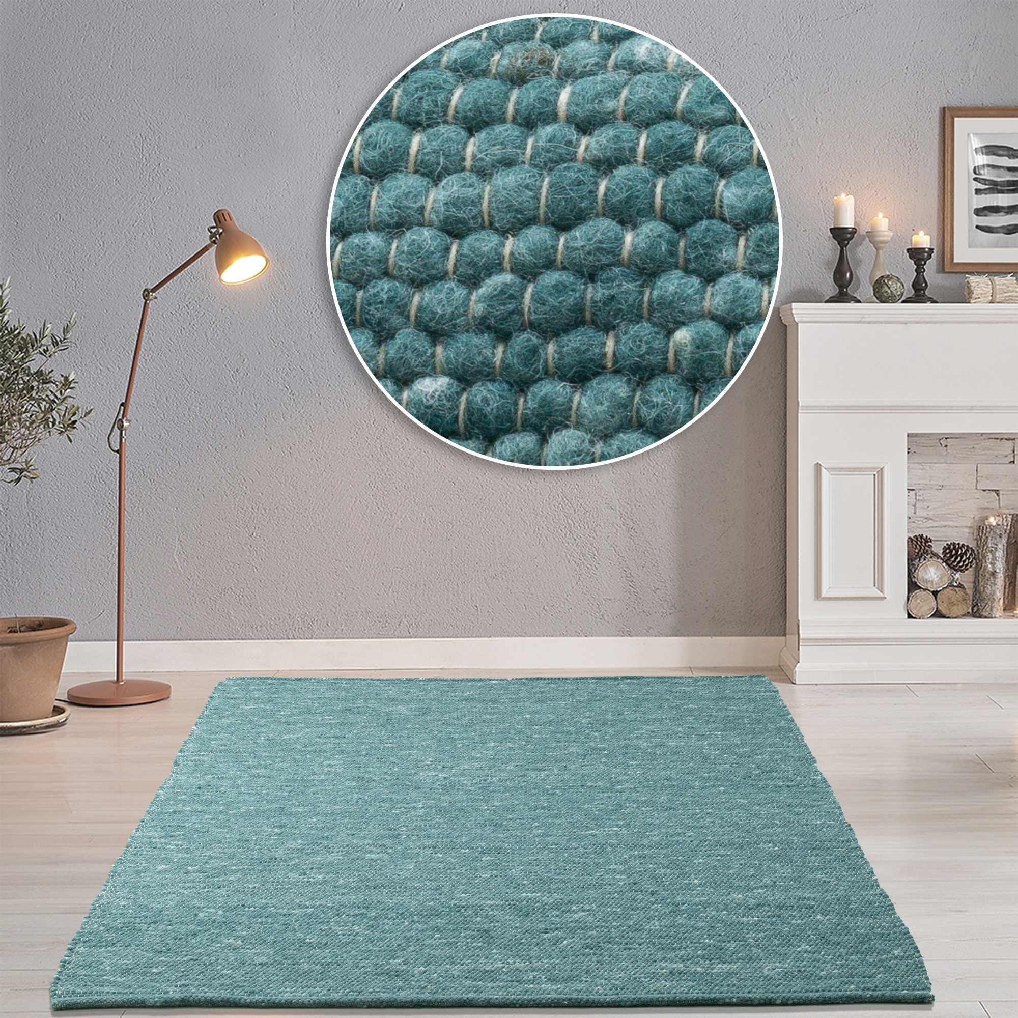 Wollteppich THEKO "Alpen", blau (petrol), B:40cm H:12mm L:60cm, Schurwolle, Teppiche, handgewebter Wendeteppich, meliert, reine Wolle, Wohnzimmer
