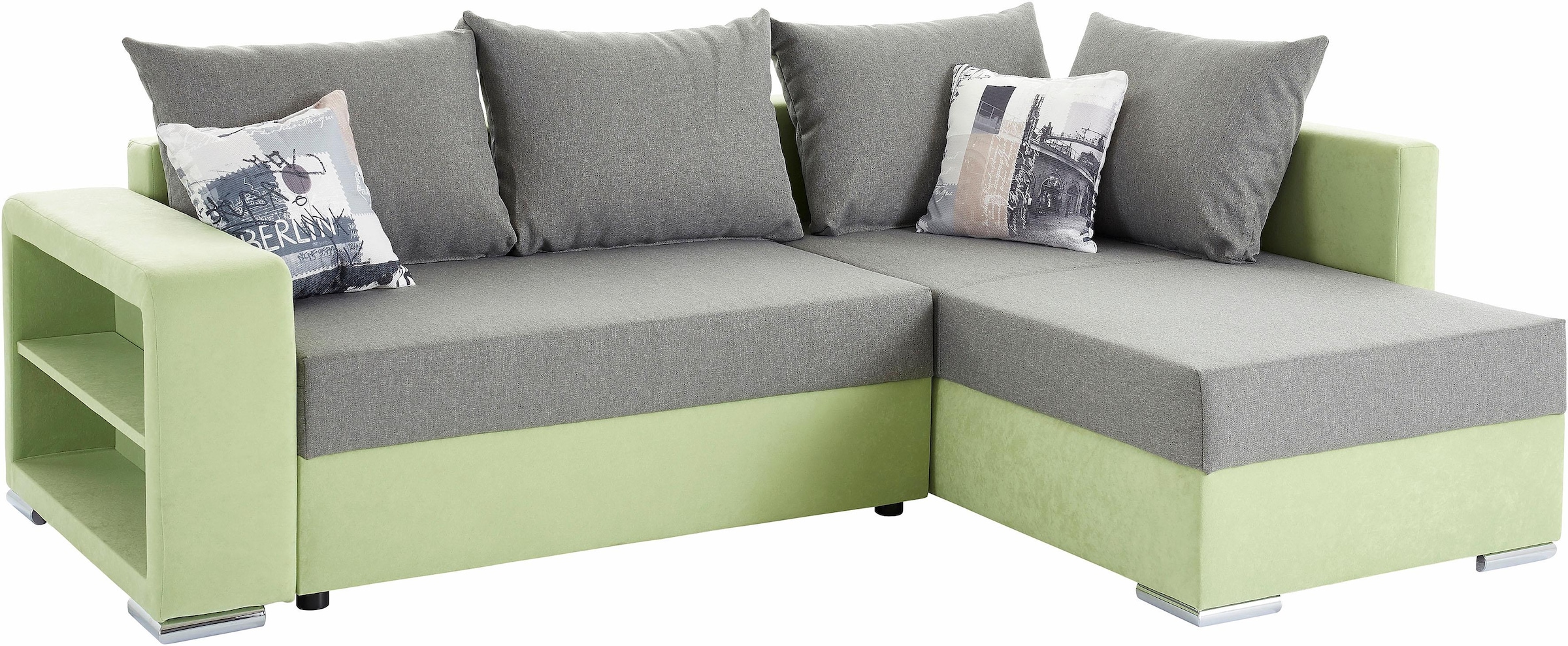 Ecksofa John mit Bettfunktion, Bettkasten und Regalarmteil