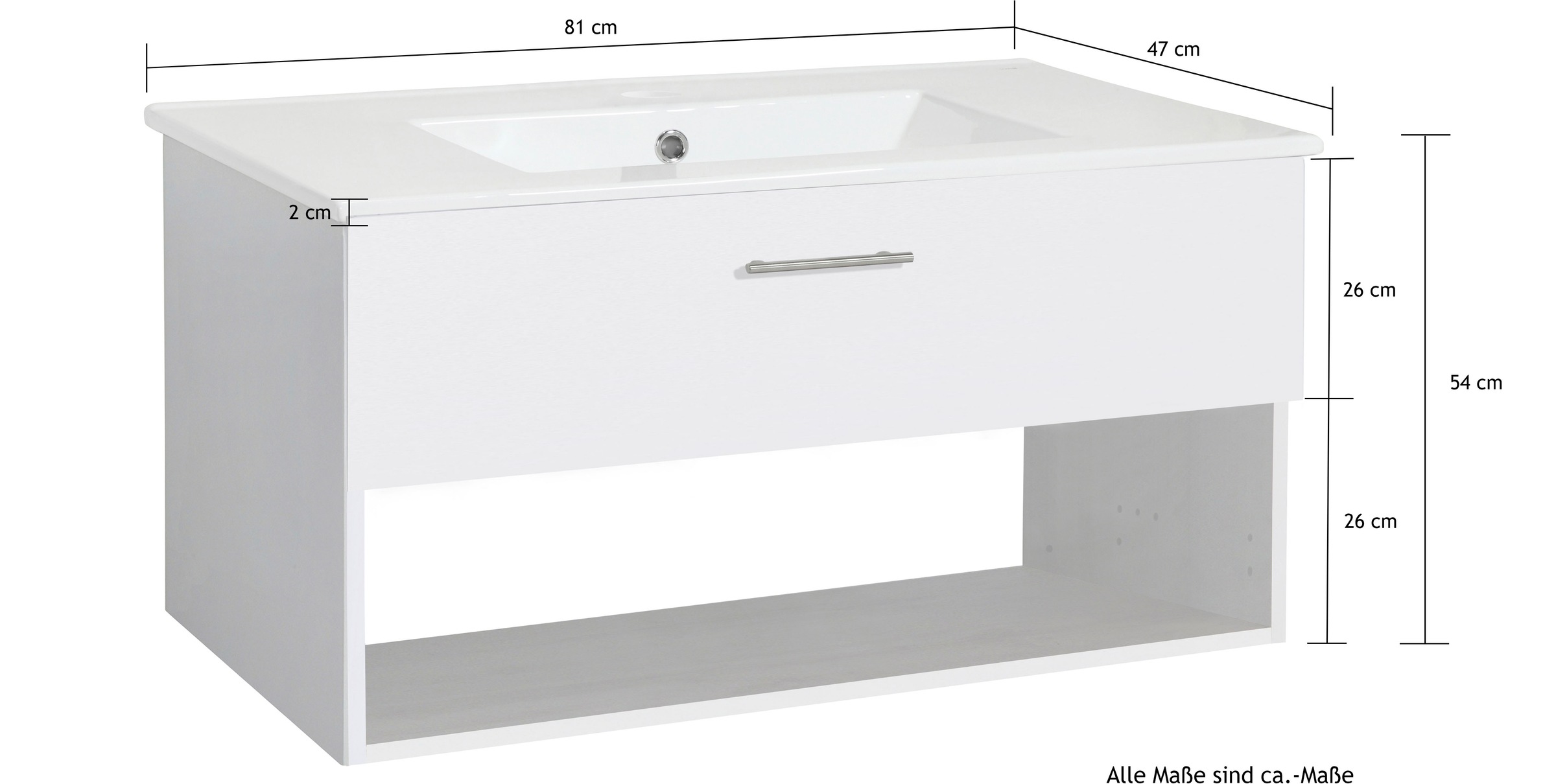 welltime Waschtisch »Trento Light, 60cm, 80cm, 100cm, Keramik-Auflagebecken«, 1 Auzug und 1 offenes Fach