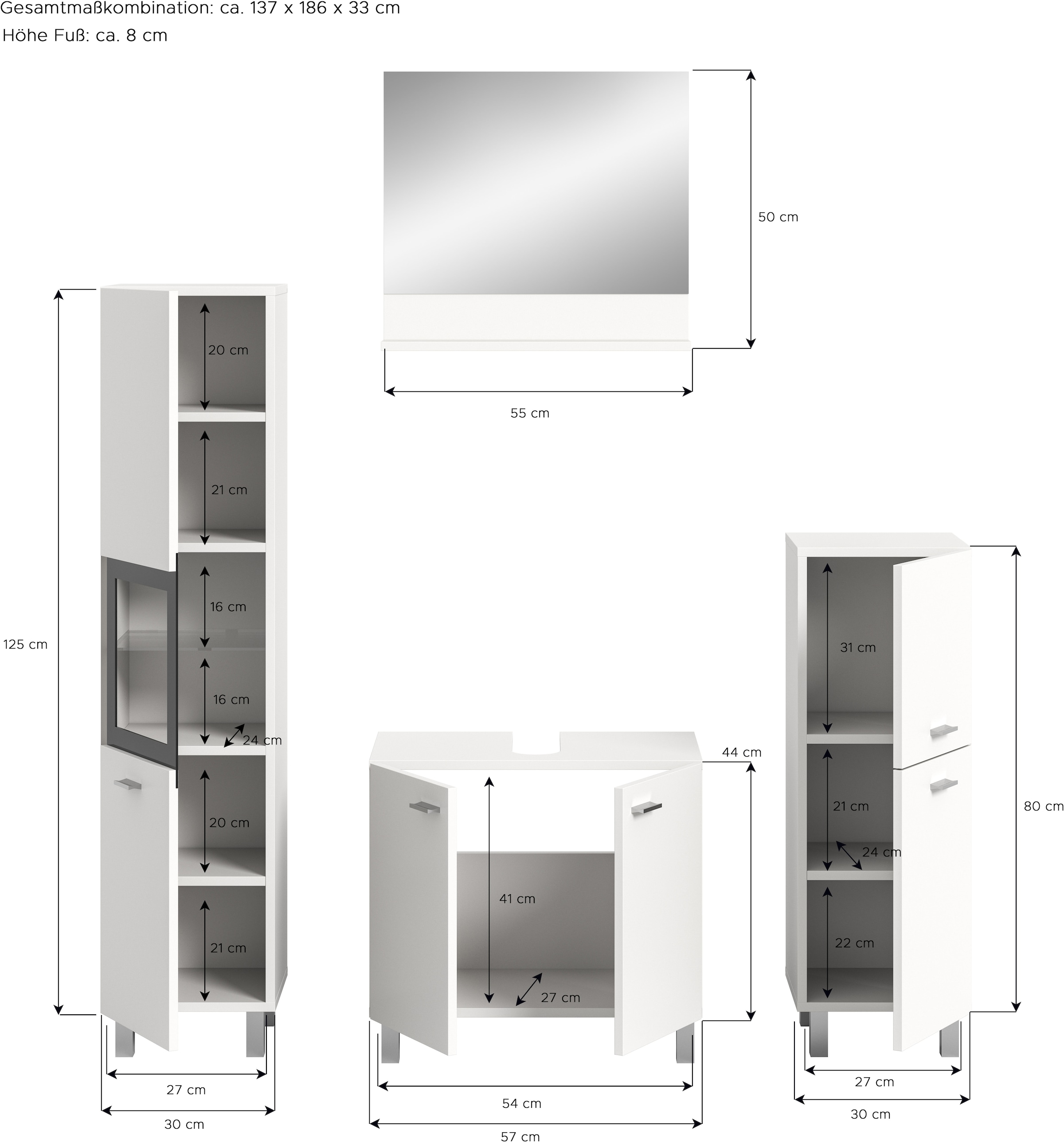 welltime Badmöbel-Set »Tampa, Breite 137cm, 4-teilig«, (4 St.), Waschbeckenunterschrank, Spiegel, Hochschrank, Midischrank