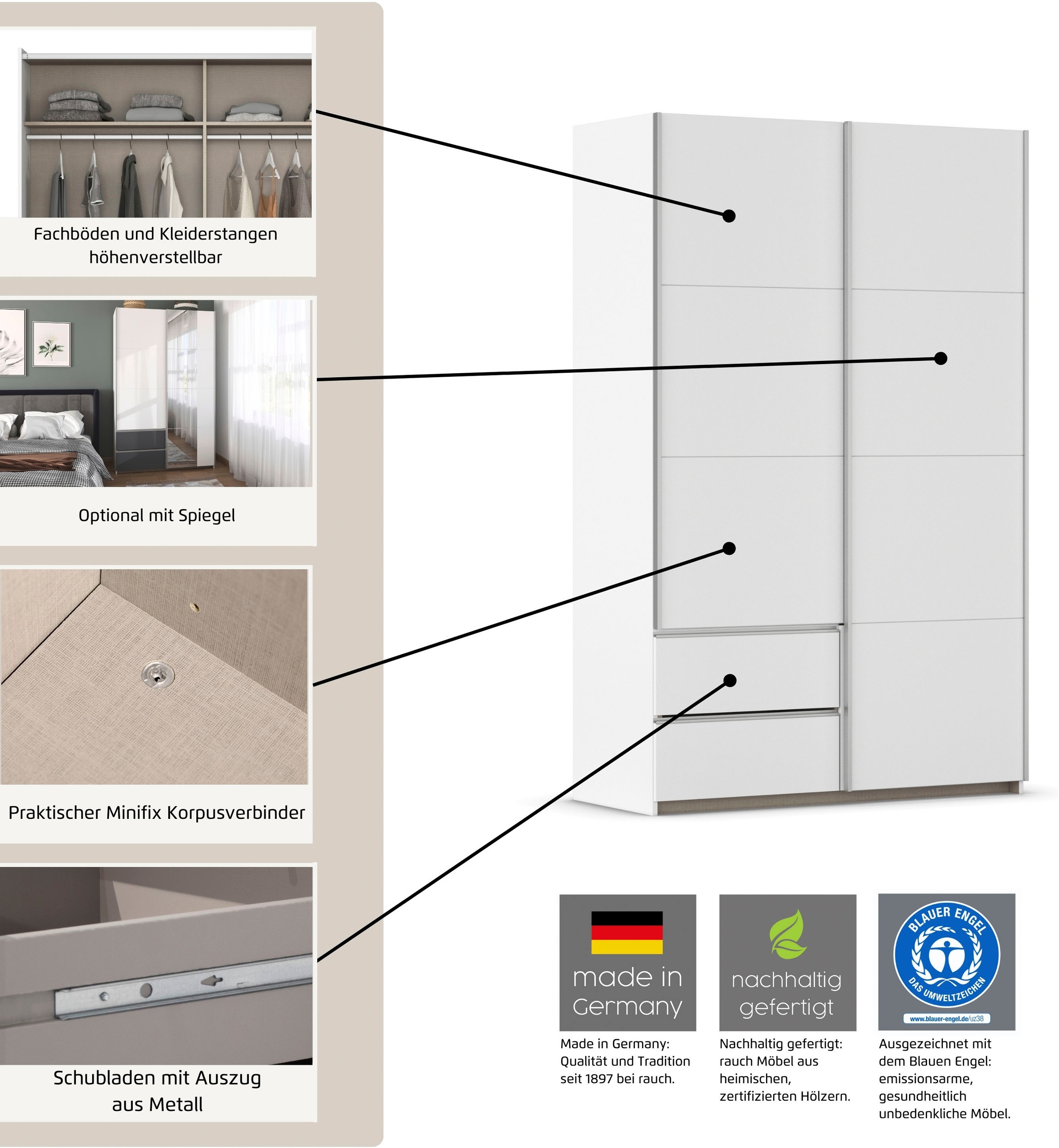 rauch Schwebetürenschrank »Kleiderschrank Schrank Garderobe Wäscheschrank SEVILLA«, (in 3 verschiedenen Ausstattungen BASIC/CLASSIC/PREMIUM), Metall-Griffleisten alufarben oder Graumetallic MADE IN GERMANY