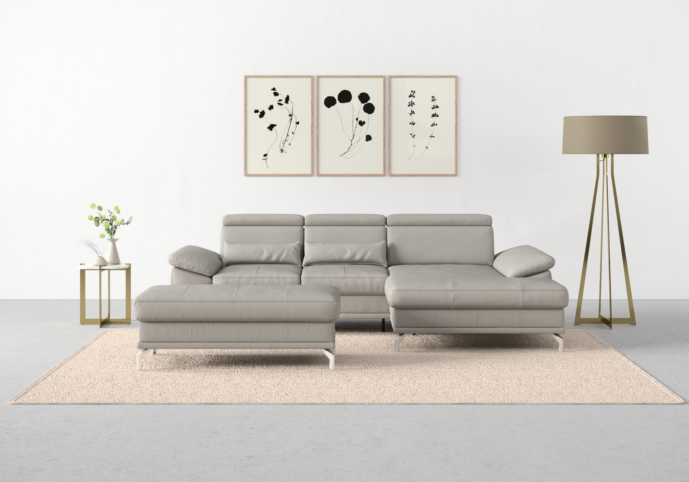 Ecksofa SIT & MORE "Cabrio L-Form, B: 295 cm, mit Sitztiefen-, Arm- & Kopfteilverstellung", grau (hellgrau), B:295cm H:87cm T:180cm, Sofas, Ecksofa, 2 Nierenkissen, Federkern, optional Bettfunktion und Stauraum