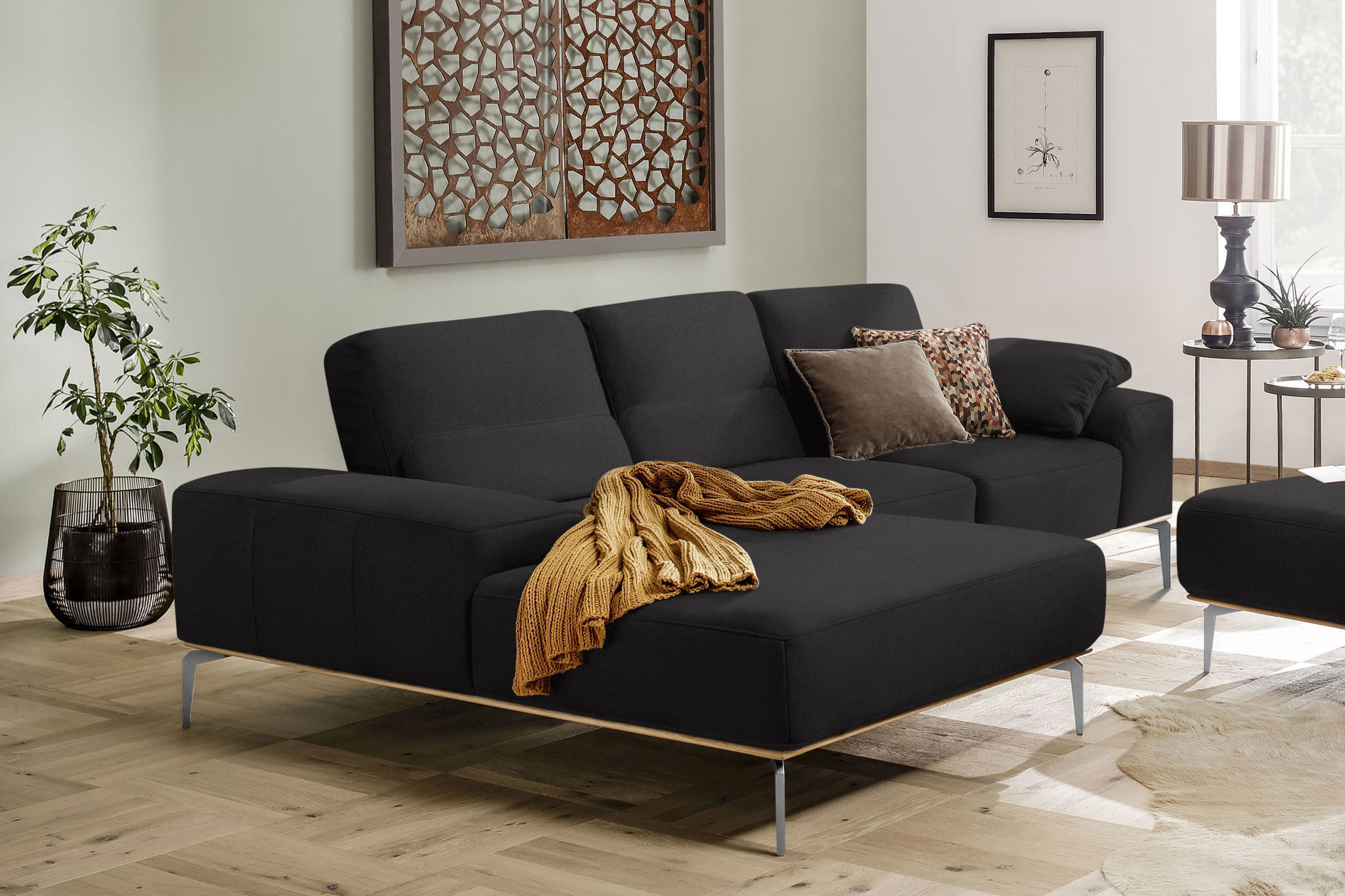 W.SCHILLIG Ecksofa "run, Designsofa mit tollem Sitzkomfort, L-Form" mit elegantem Holzsockel, Füße in Chrom glänzend, Breite 279 cm