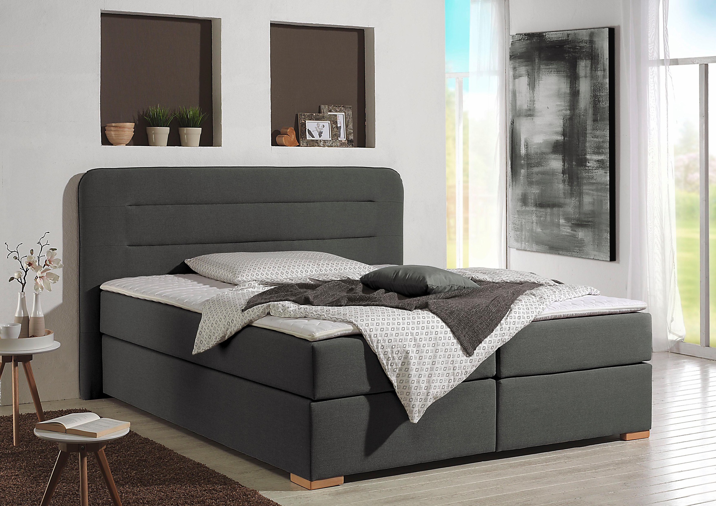 Boxspringbett HOME AFFAIRE "Manchester", grau (anthrazit), B:220cm L:208cm, Strukturstoff-Bezug (100% Polyester), Komplettbetten, Boxspringbett, 5 Breiten, 3 Ausführungen, 2 Härtegraden, Topper, Steppung 4