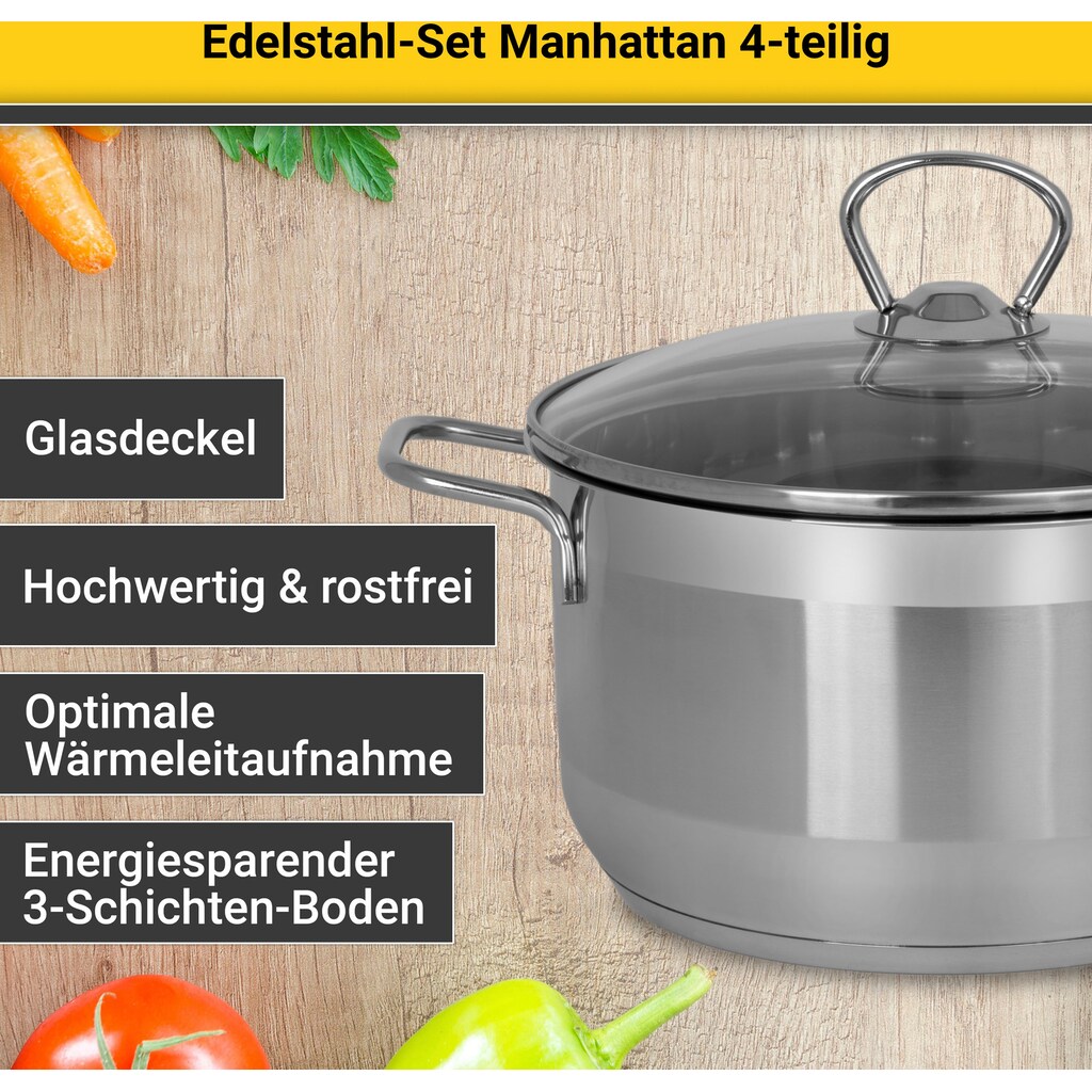 Krüger Topf-Set »Manhattan«, Edelstahl, (Set, 7 tlg., Bratentopf Ø 20 cm, Fleischtopf Ø 16/20 cm, Stieltopf Ø 16 cm)