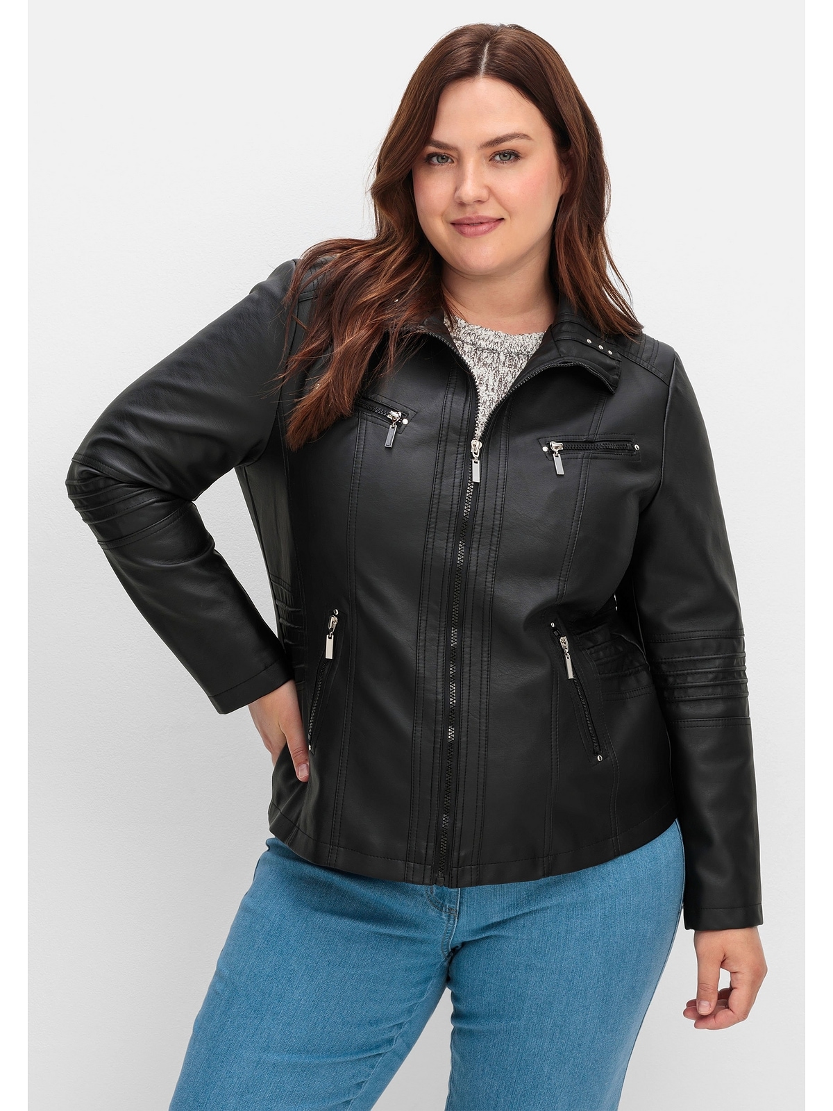 Sheego Lederimitatjacke "Große Größen", ohne Kapuze, im Bikerlook günstig online kaufen