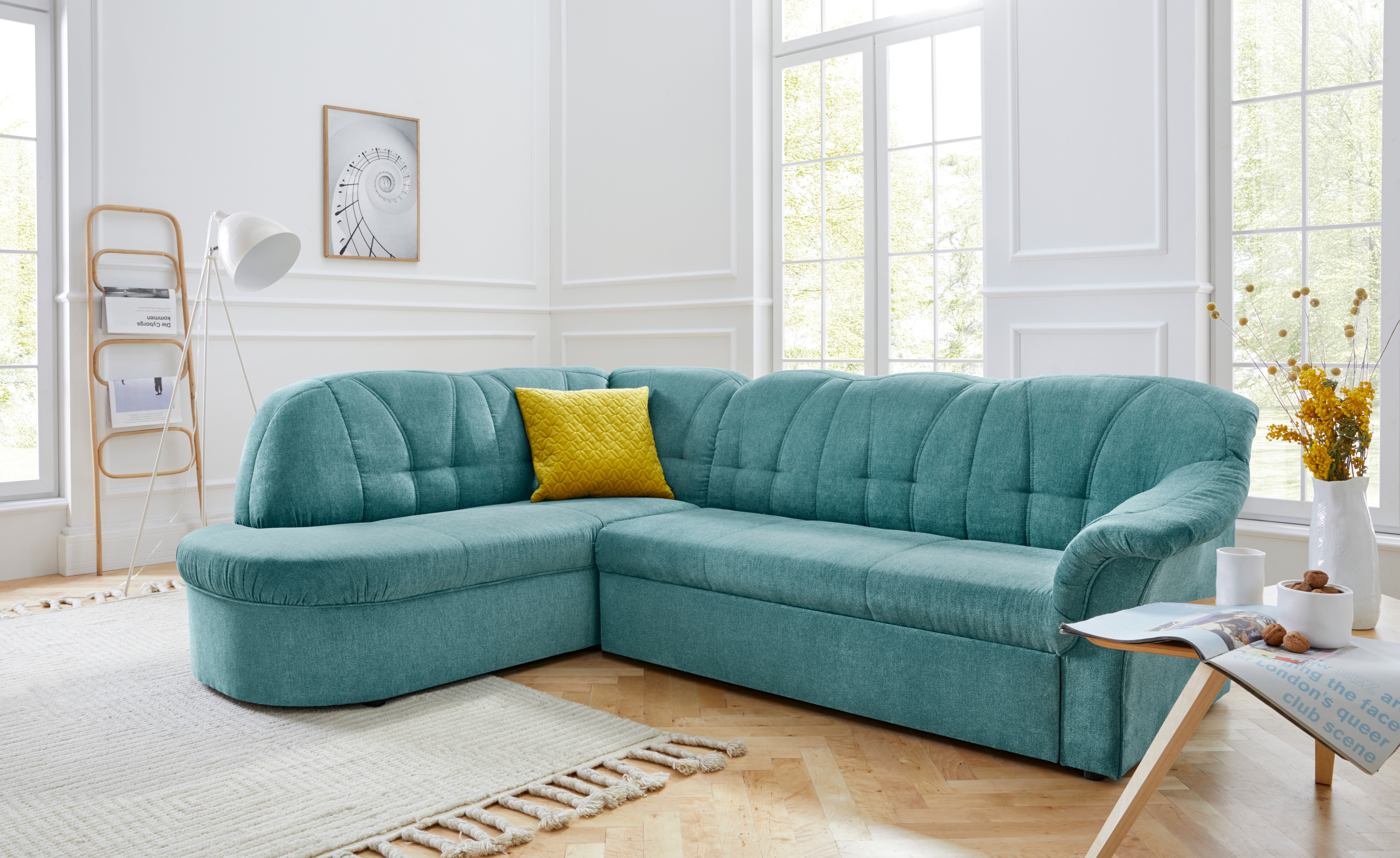 DOMO collection Ecksofa "Pegnitz, zeitlose und elegante Rückensteppung, Breite 246cm, L-Form" wahlweise mit Bettfunktion